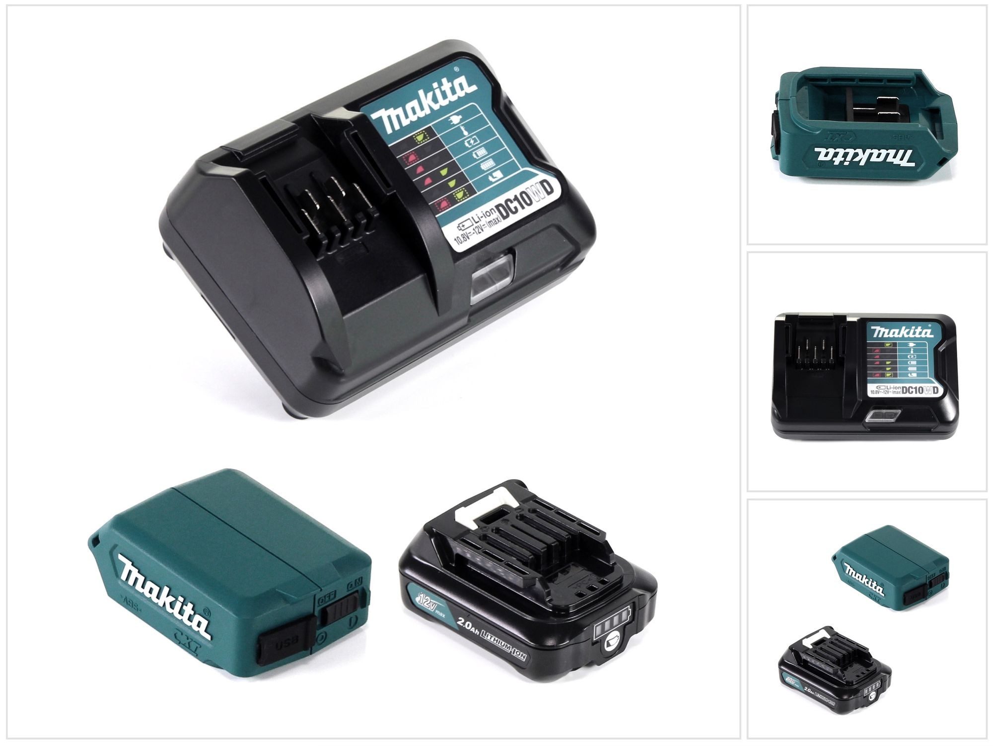 Makita DEAADP08 WA1 USB Adapter für 10,8V-12V Akkus + 2,0 Ah Akku (197396-9 Akkupacks