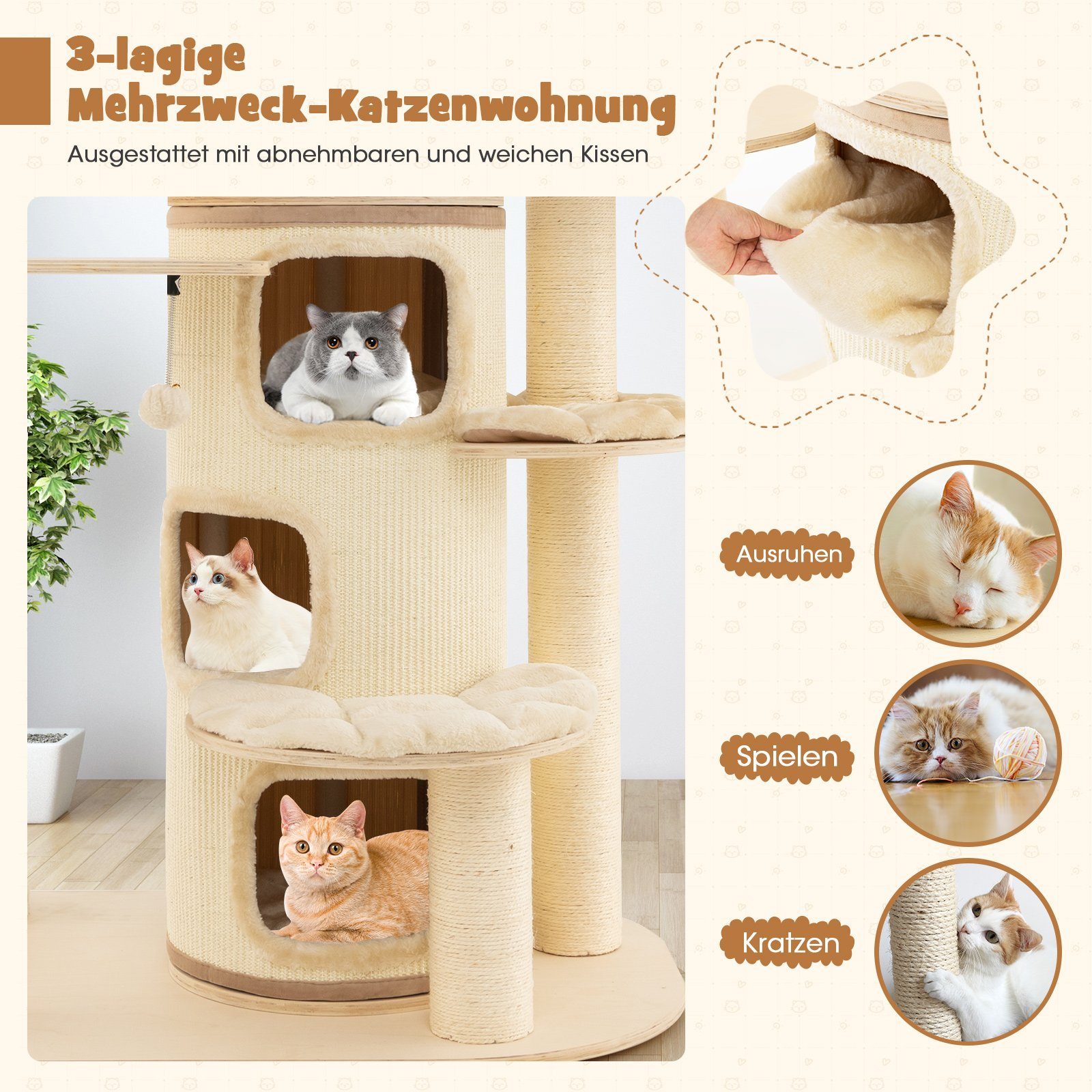 COSTWAY Kratzbaum Katzenbaum, 173cm deckenhoch, mit 3 Katzenhöhle