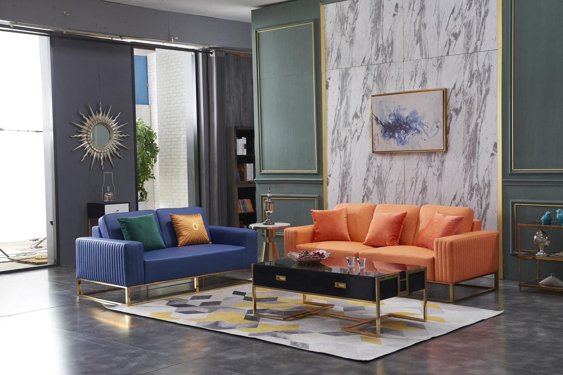 JVmoebel Big-Sofa Stilvolle Polster Couchgarnitur in Orange und Blau mit Edelstahlrahmen, 2 Teile, Made in Europa