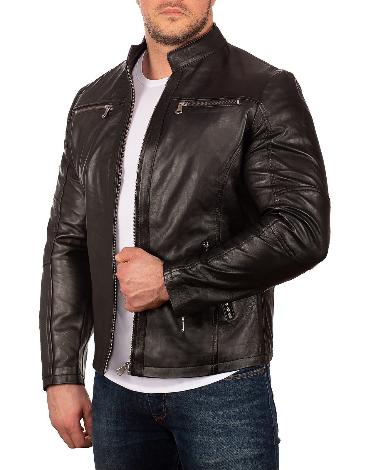 Reichstadt Lederjacke Herren Regular Fit Bikerjacke Silver Zipper 20RS20LUX Reißverschluss an den Ärmelenden