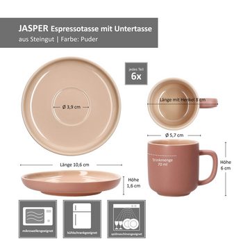 Ritzenhoff & Breker Tasse Ritzenhoff 6er Set Jasper Espressotassen mit Untertassen Puder, Steingut
