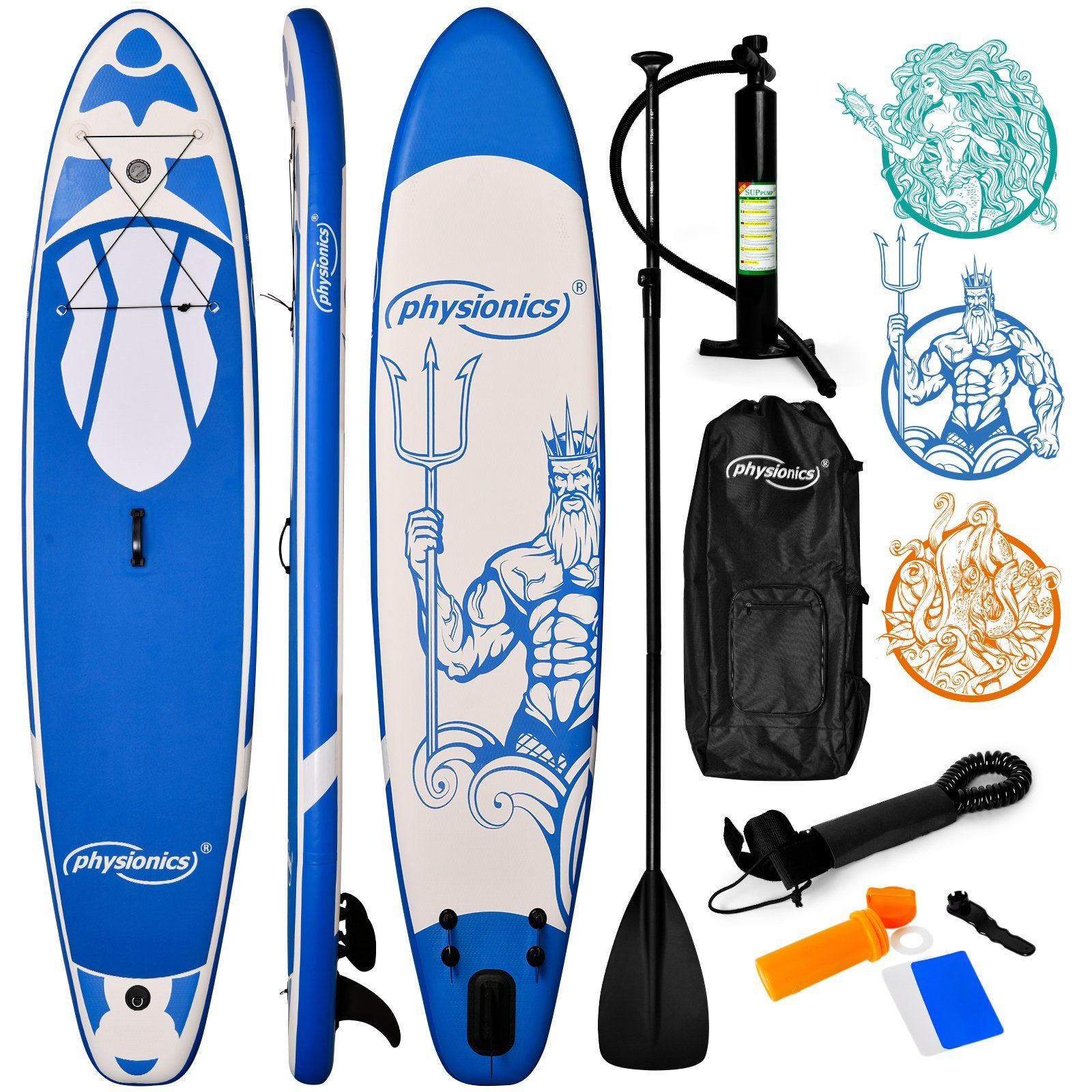 Physionics SUP-Board Stand Up - Pumpe, Paddle Paddel mit Farbwahl und Board 305/320/366cm