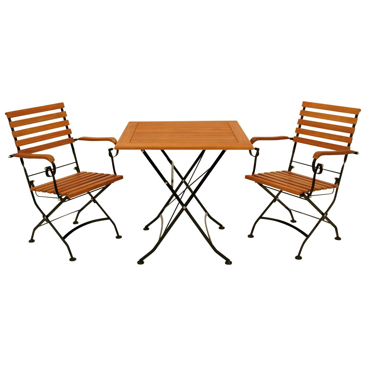 DEGAMO Garten-Essgruppe HOFGARTEN, (3-tlg), 2x Sessel, 1x Tisch eckig 75x75cm, Stahl schwarz, Eukalyptus