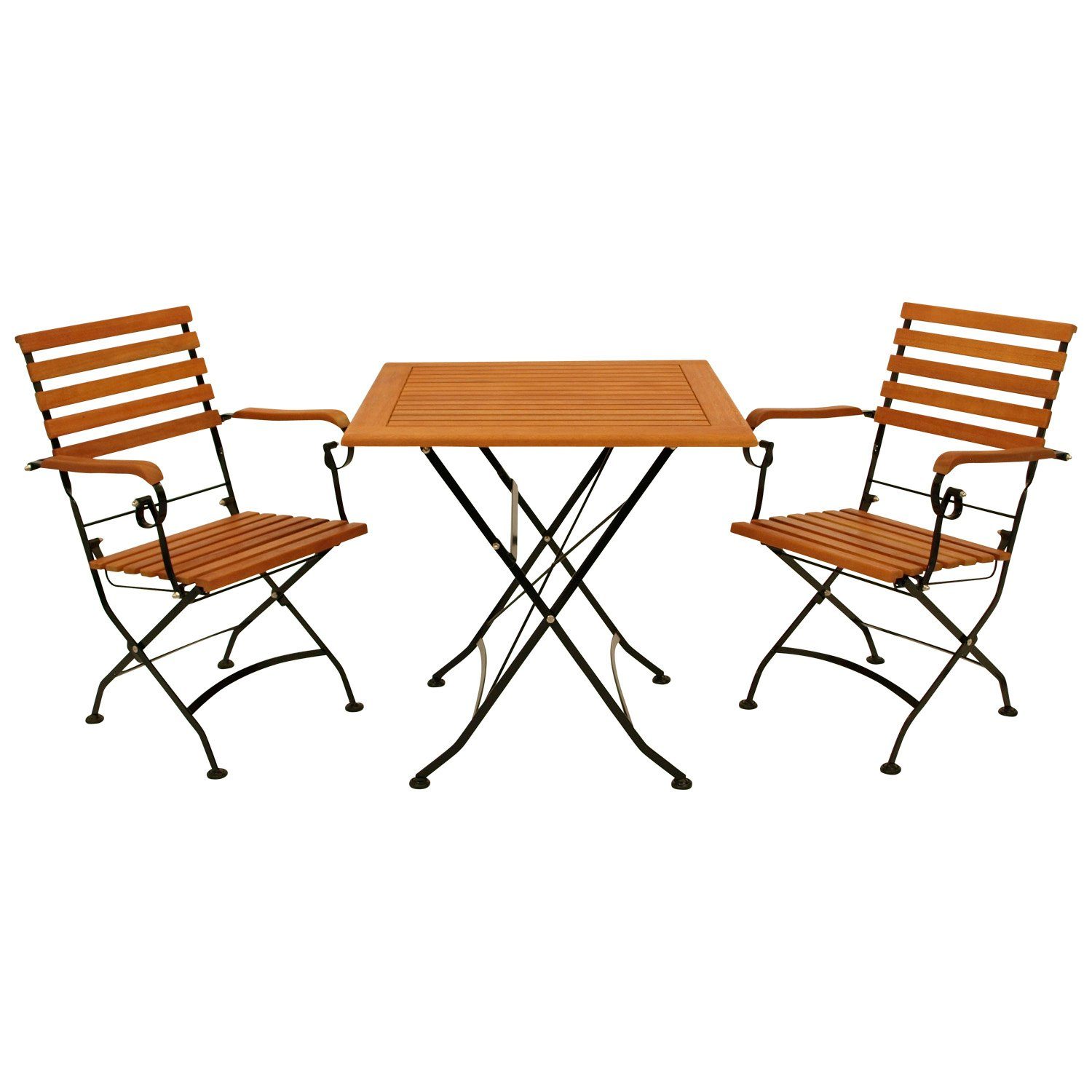 DEGAMO Garten-Essgruppe HOFGARTEN, (3-tlg), 2x Sessel, 1x Tisch eckig  75x75cm, Stahl schwarz, Eukalyptus