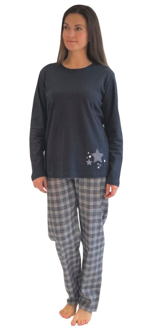 Normann Pyjama Damen Flanell Pyjama Mix & Match Oberteil mit Sterne Motiv marine