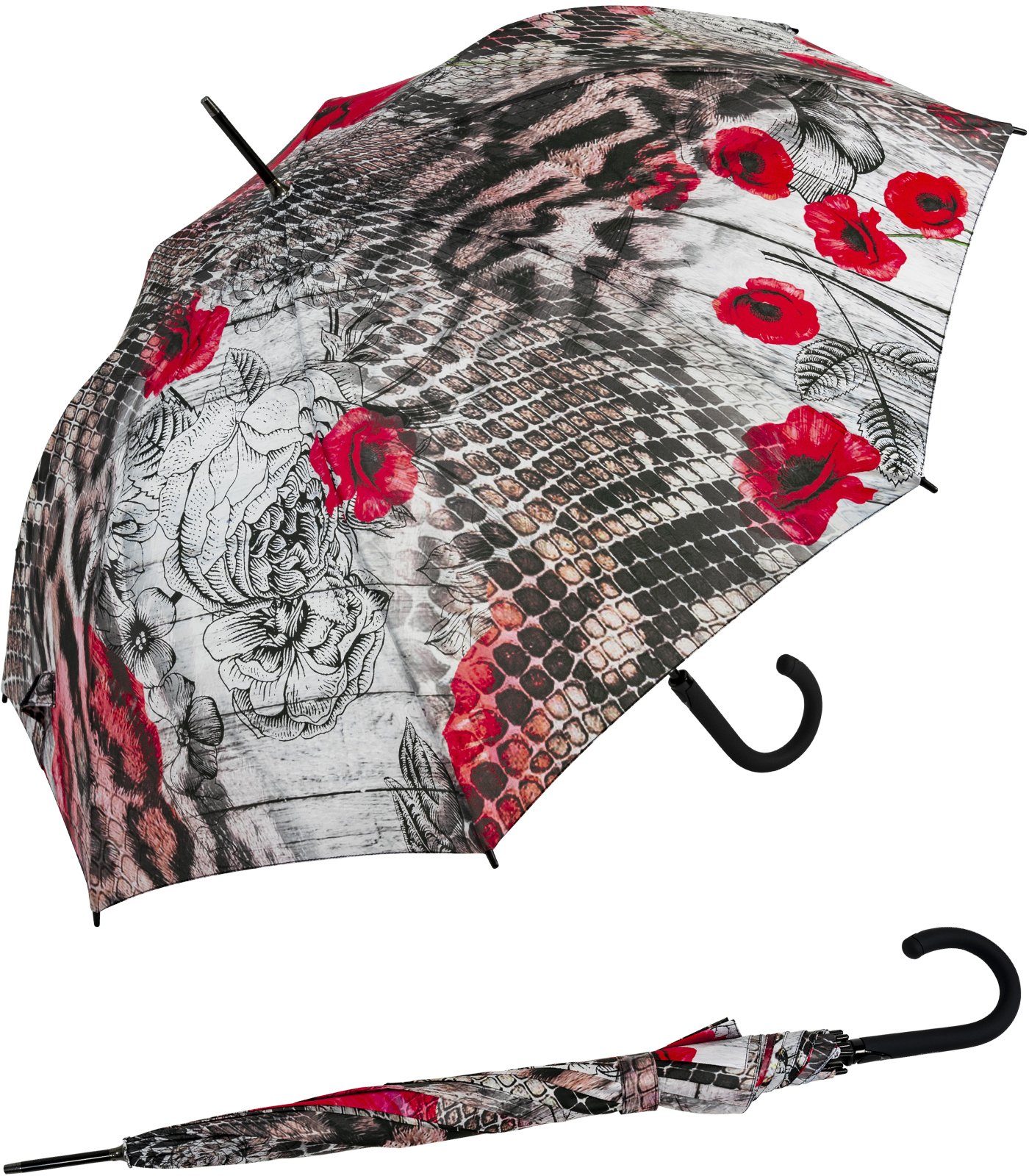 doppler® Langregenschirm Damen-Regenschirm groß und stabil mit Automatik, Serpent - mit rotem Mohnblumen-Design