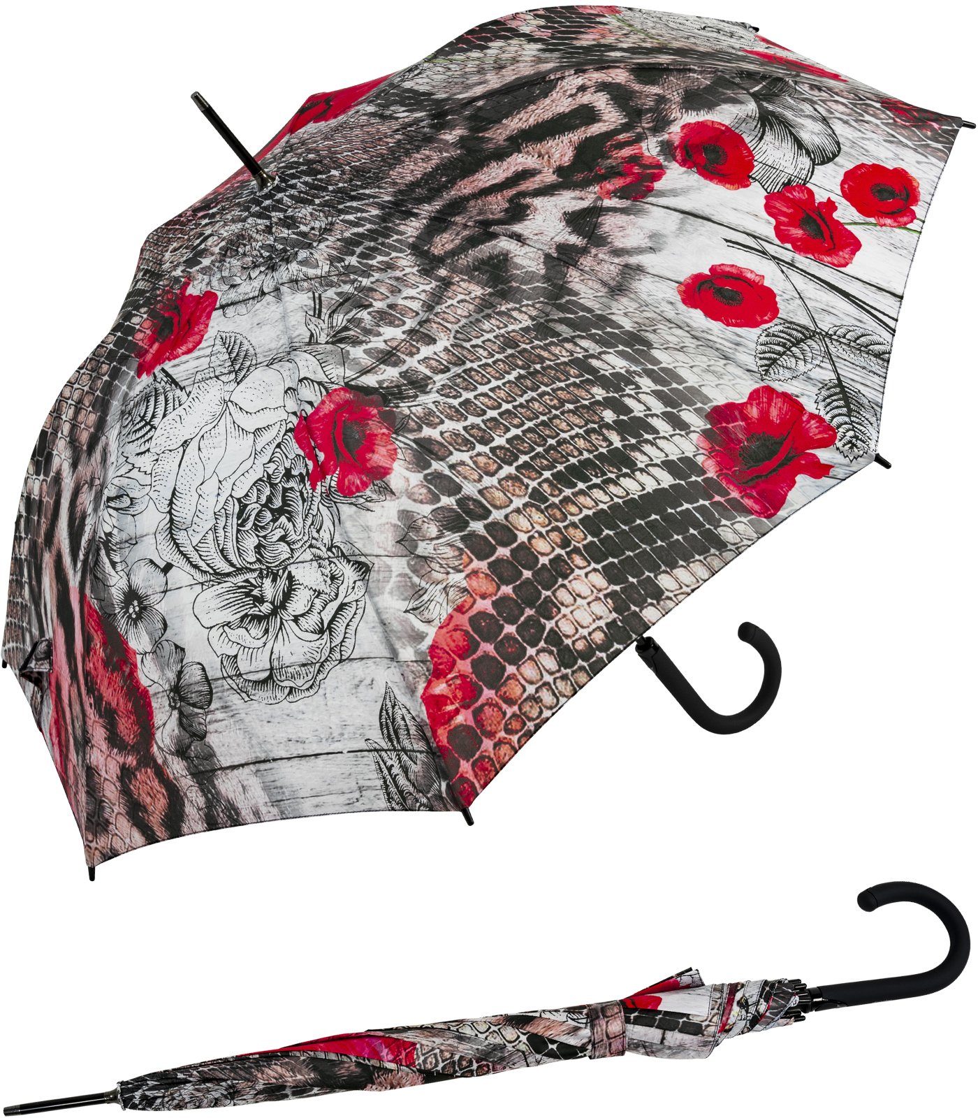 doppler® Langregenschirm Damen-Regenschirm mit groß Serpent und - Mohnblumen-Design rotem mit stabil Automatik