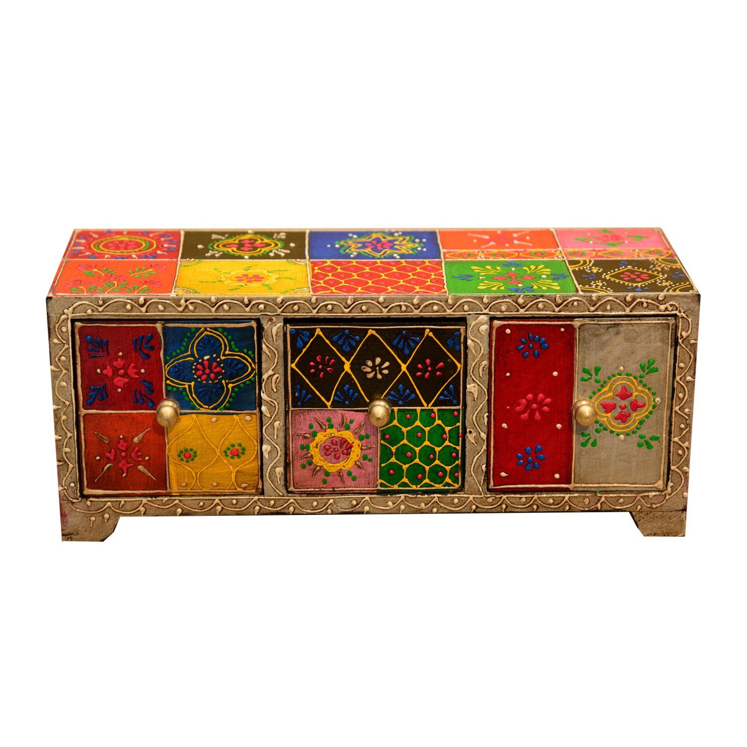Casa Moro Schmuckkasten Orientalische Mini-Kommode Chandi mit 3 Schubladen 28x11x10 cm, (B/T/H) aus Holz handbemaltes Schmuckkasten Organizer bunt MA27-05