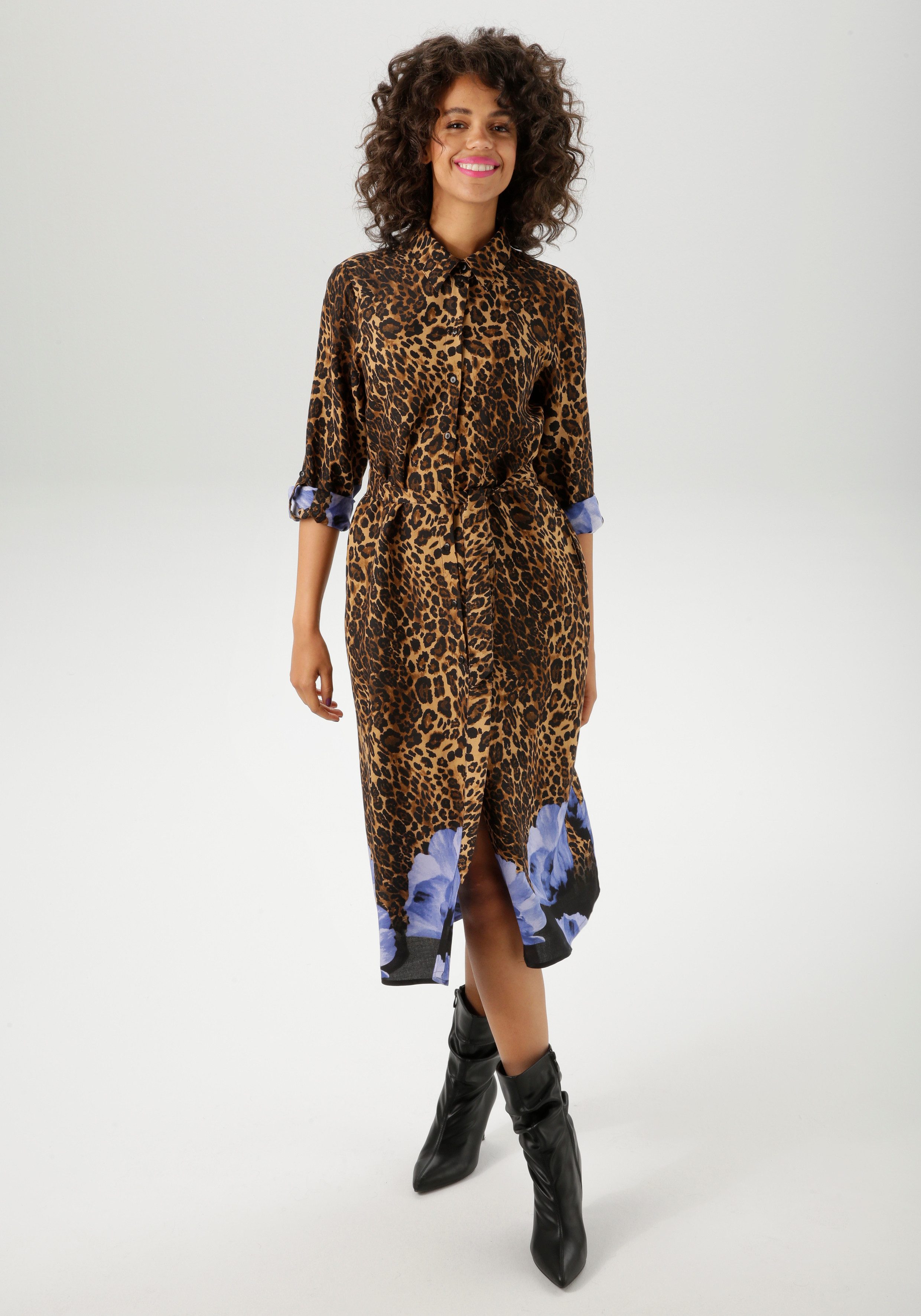 Aniston CASUAL Blusenkleid (mit abnehmbarem Bindegürtel) mit Blüten-Bordüre günstig online kaufen