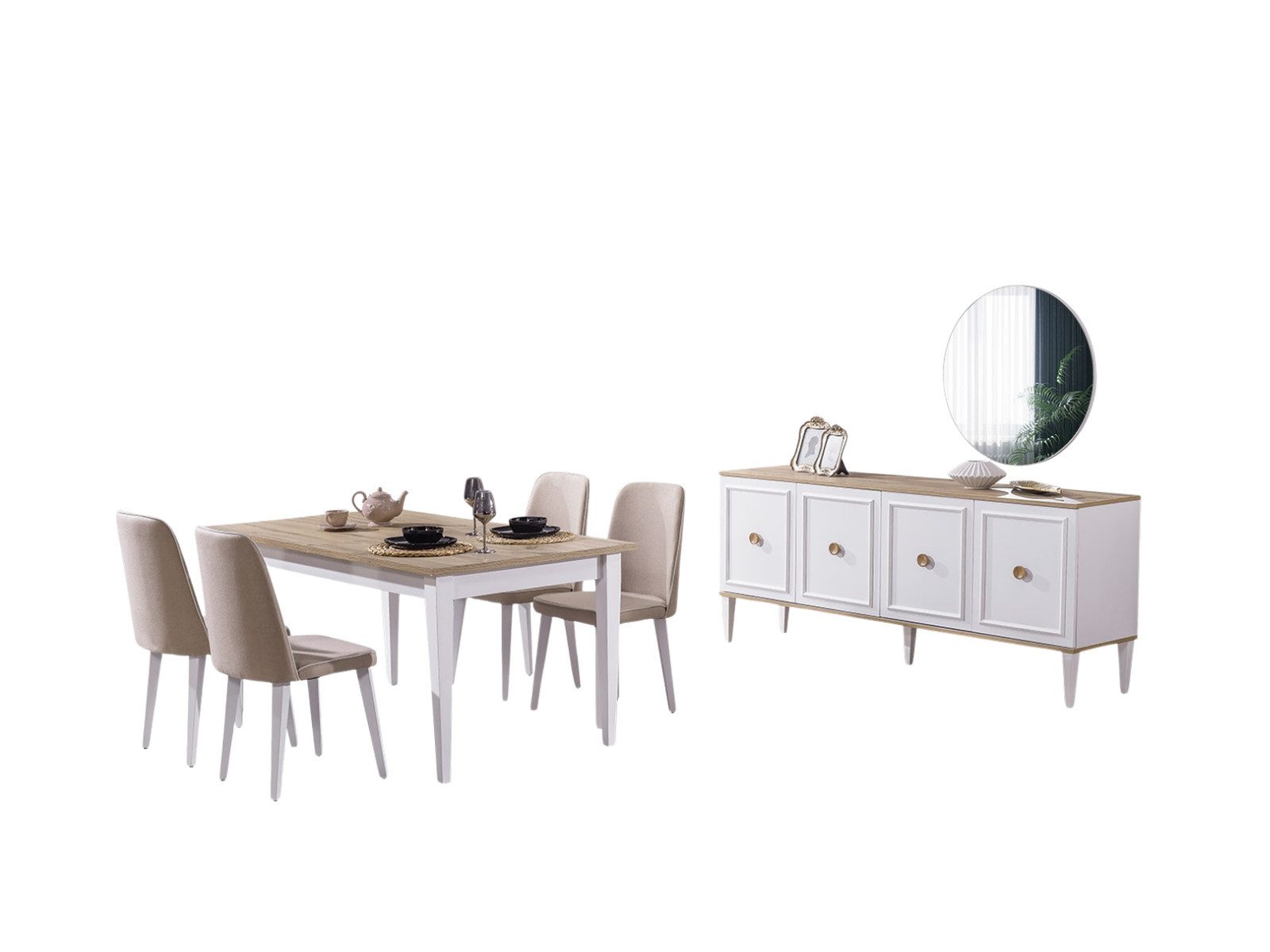 Villa Möbel Esszimmer-Set Afrin, (Esszimmer-Set, 8-St., Esstisch, Sideboard und 6 Stühle), Esstisch mit Stühlen und Sideboard für Essen und Stauraum