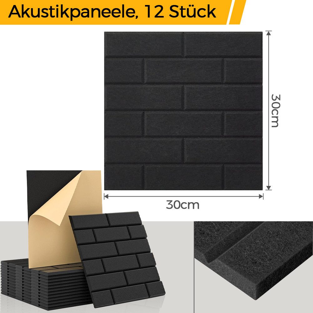 GLIESE POWER Akustikplatte Akustikplatten selbstklebend, 12 Stück – hohe Dichte, ideal für Wände