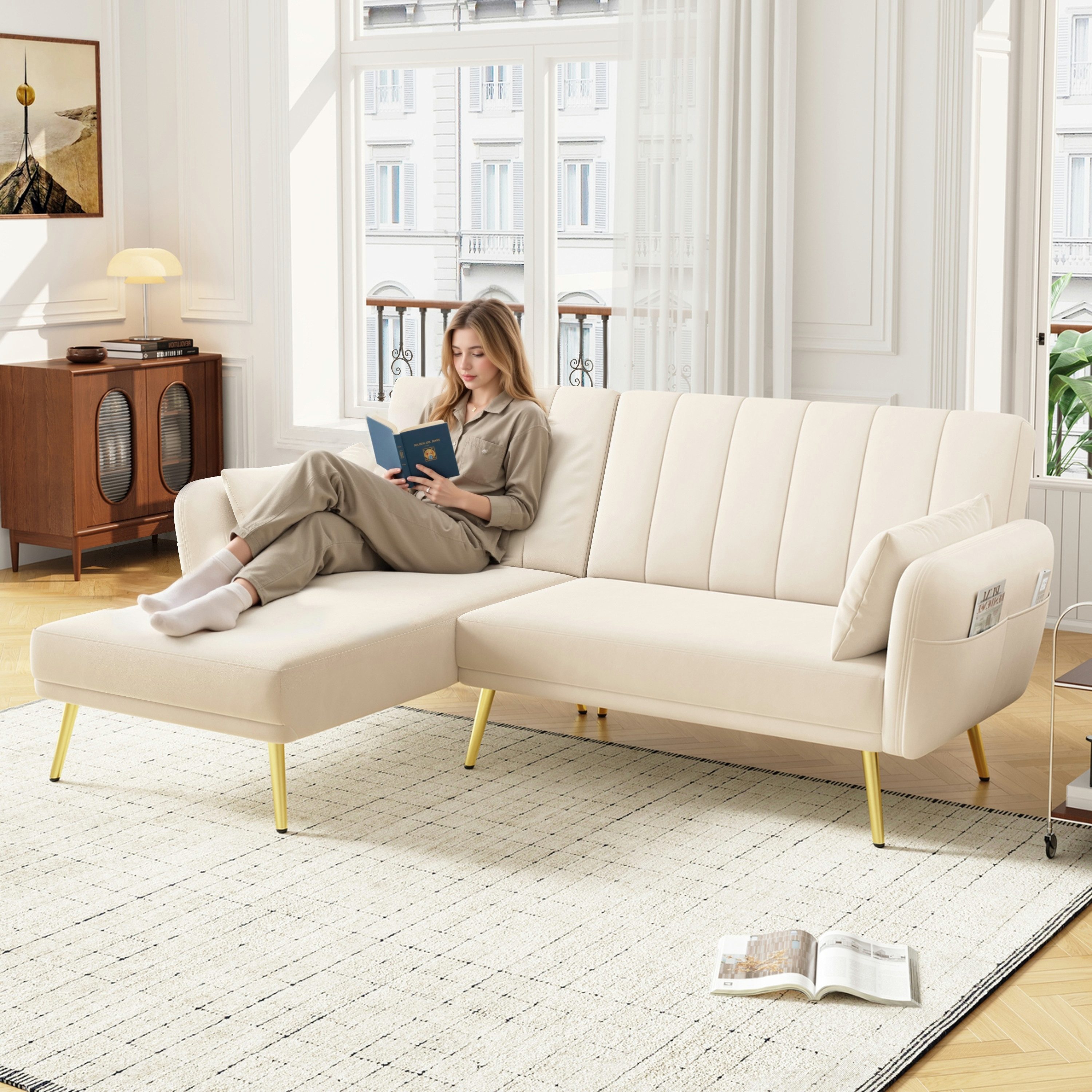 Merax Schlafsofa L-Form Klappsofa Samt Schlafsofa Ecksofa mit Schlaffunktio günstig online kaufen