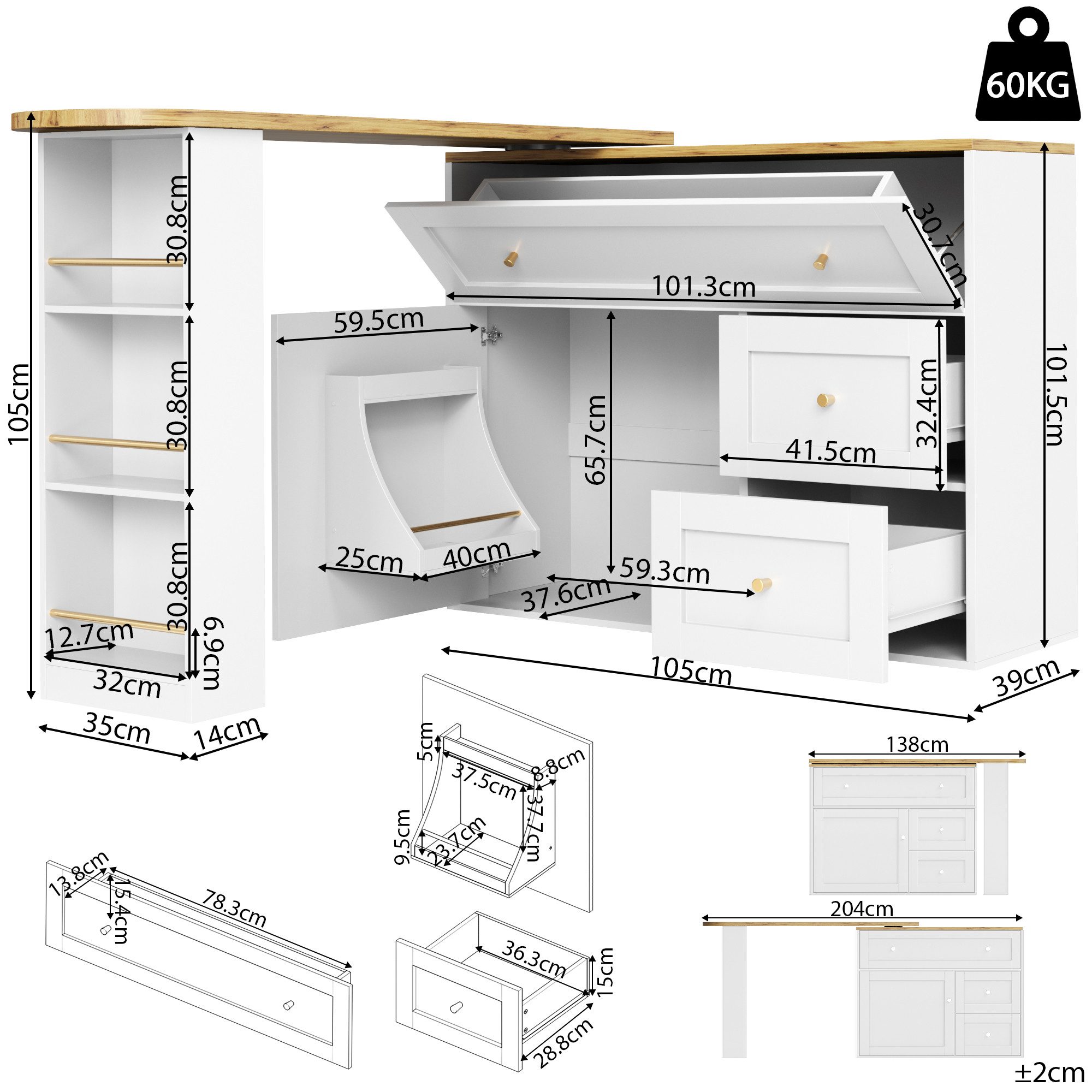 IDEASY Bartisch Teleskopisch verstellbarer Bartisch mit Snackablage, Stauraum, Stehtisch Kücheninsel, Küchenschrank Sideboard, 138-204x39x105 cm