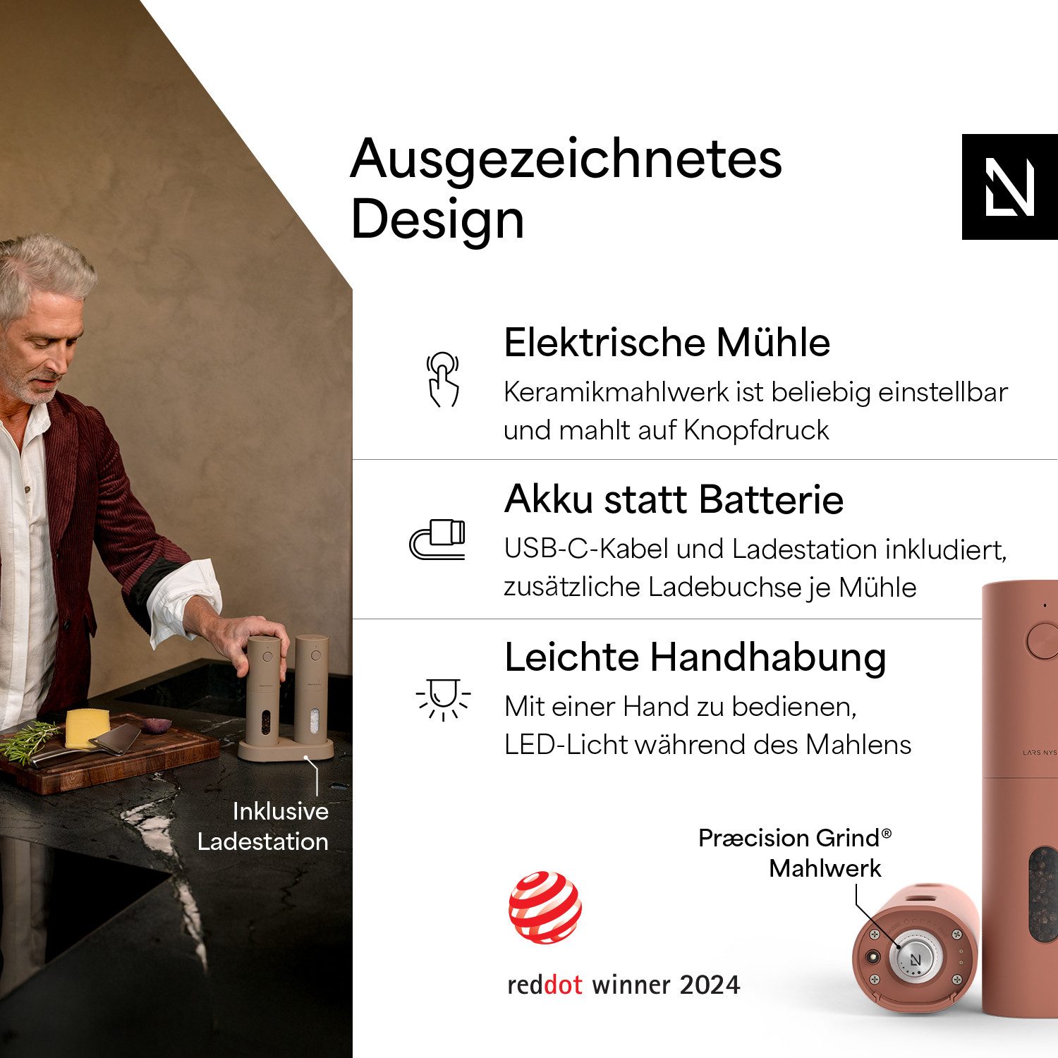 LARS NYSØM Gewürzmühle Spænding praktische Einhandbedienung per Drucktaste, (2 Stück), elektrische Salz- & Pfeffermühle mit eingebautem LED-Licht