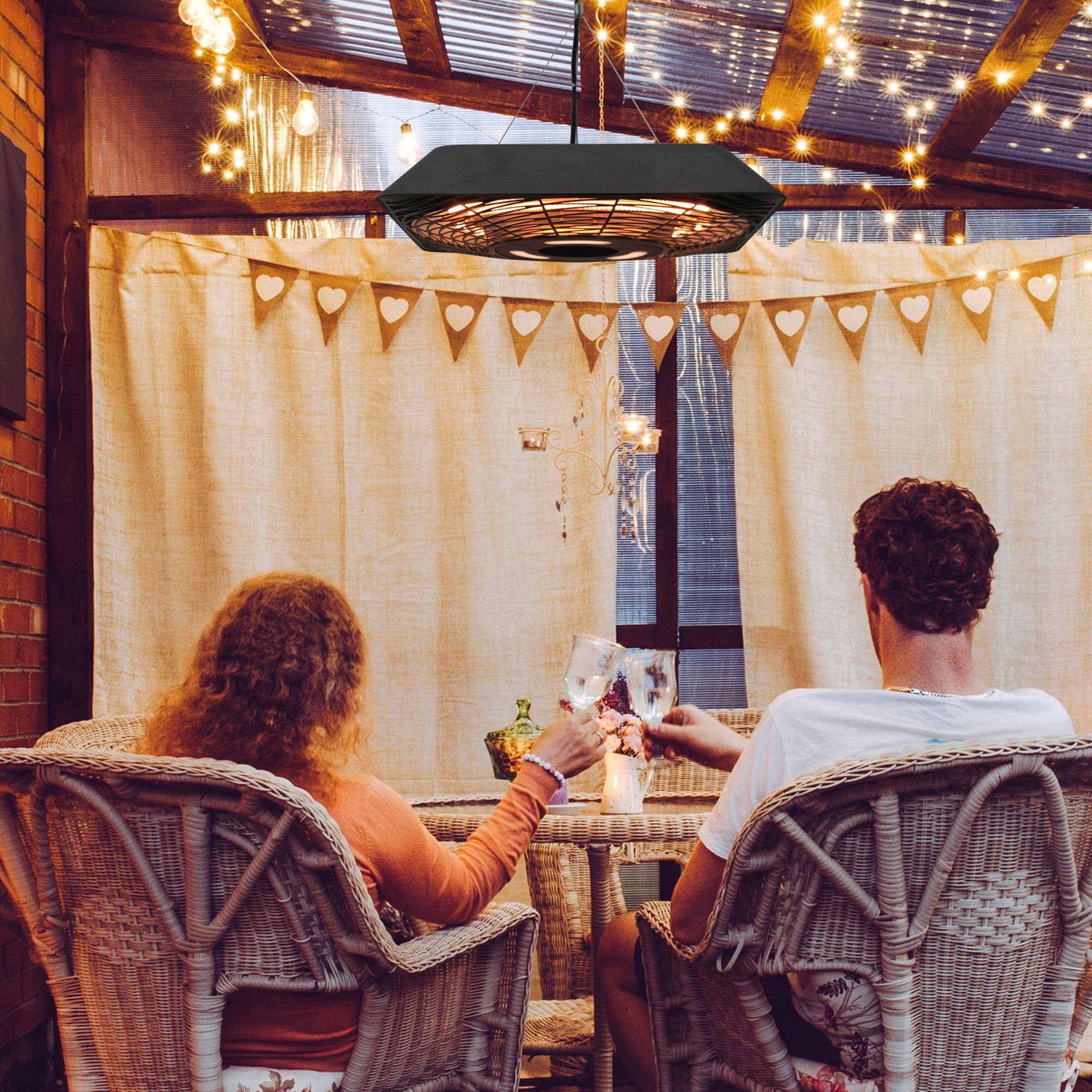 Outsunny Heizstrahler 5 Modi Heizstrahler mit Fernbedienung, LED-Licht Alu Glas, 2000 W, für Außenbereich, Schwarz
