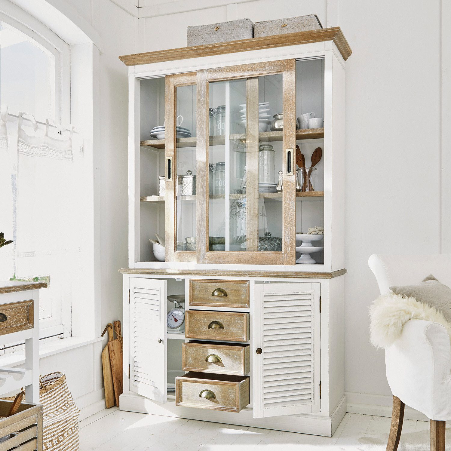 Mirabeau Küchenbuffet Schrank Moosehide antikweiß/braun