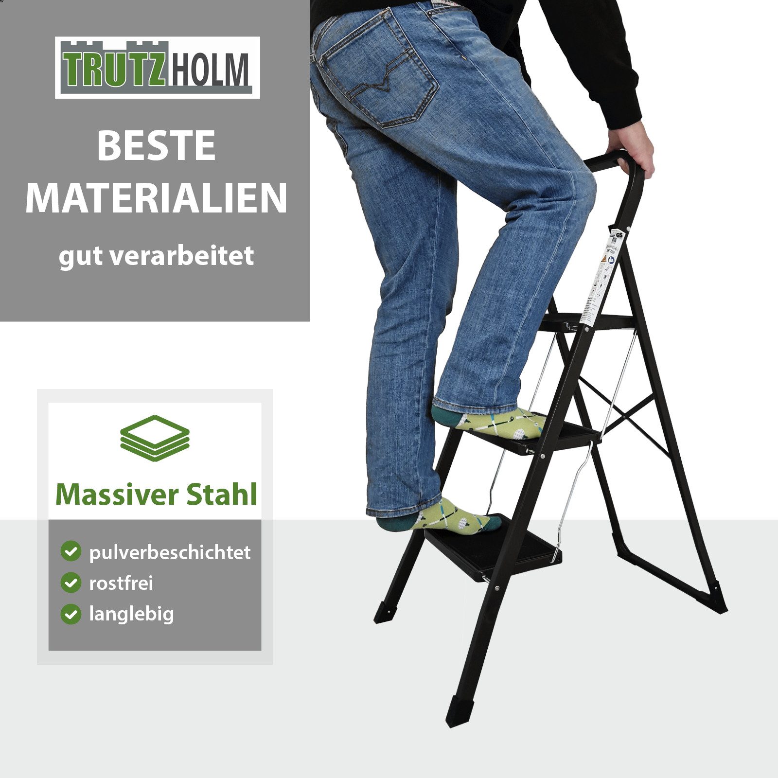 TRUTZHOLM Klapptritt Trittleiter 3-stufig klappbar TÜV/GS 150 kg Anti-Rutsch in schwarz – Bild 2 von 5