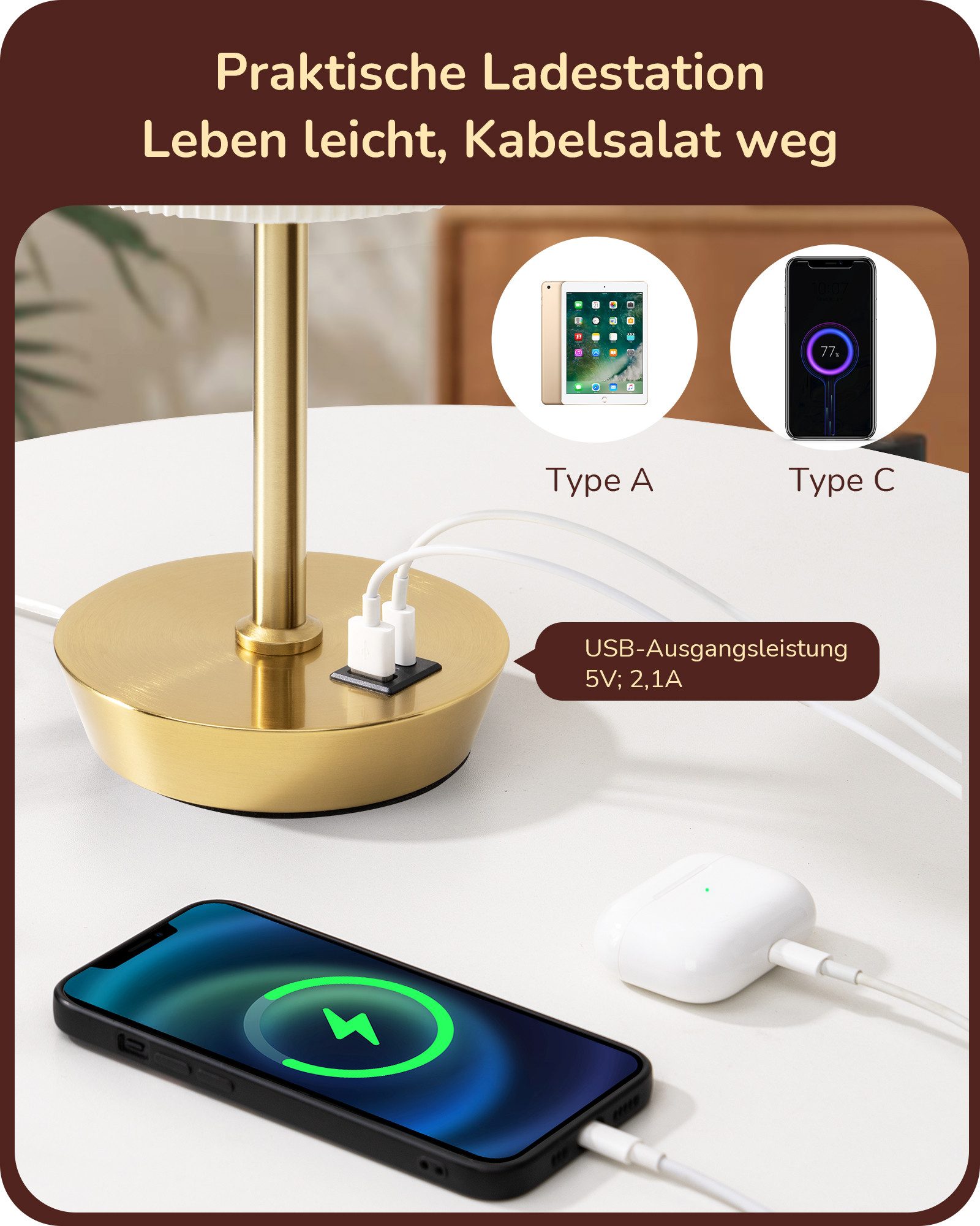 EDISHINE LED Nachttischlampe Touch Dimmbar, 2er-Set Tischleuchten mit USB, Dekolampen, LED wechselbar, warmweiß, kleine Tischlampe mit Ladefunktion