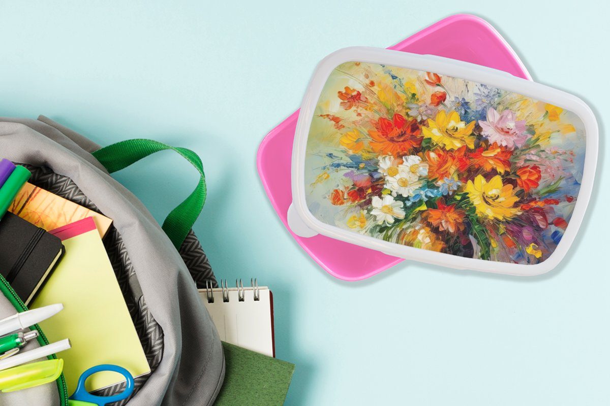 MuchoWow Lunchbox (2-tlg), - Erwachsene, rosa Brotdose Snackbox, Blumen Ölfarbe Bunt Kinder, Brotbox Kunststoff Blumentopf, - Mädchen, - für Kunststoff