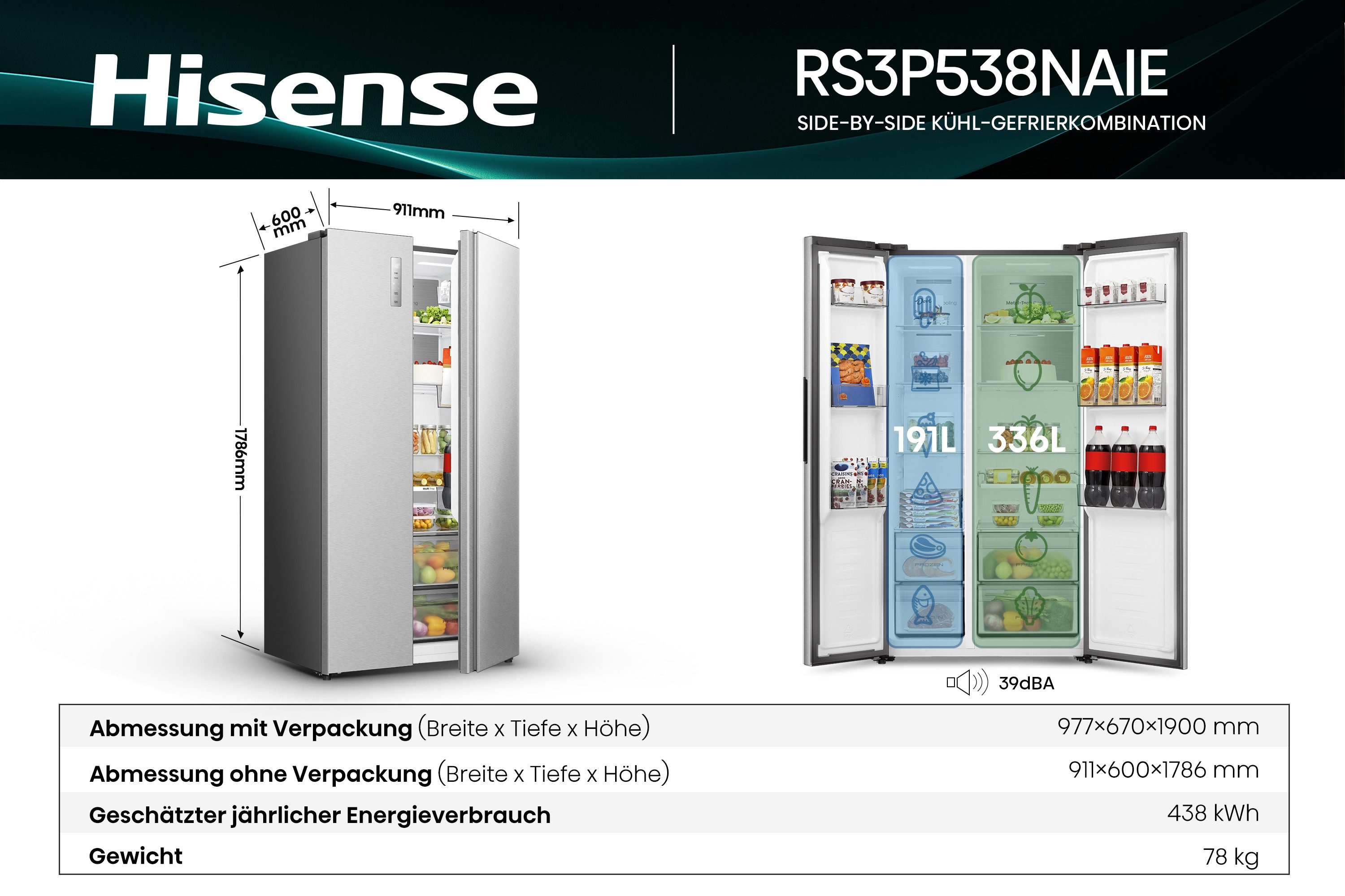 Hisense Side-by-Side RS3P538NAIE, 178,6 cm hoch, 91,1 cm breit, einfacher Side by Side mit Premium-Ausstattung