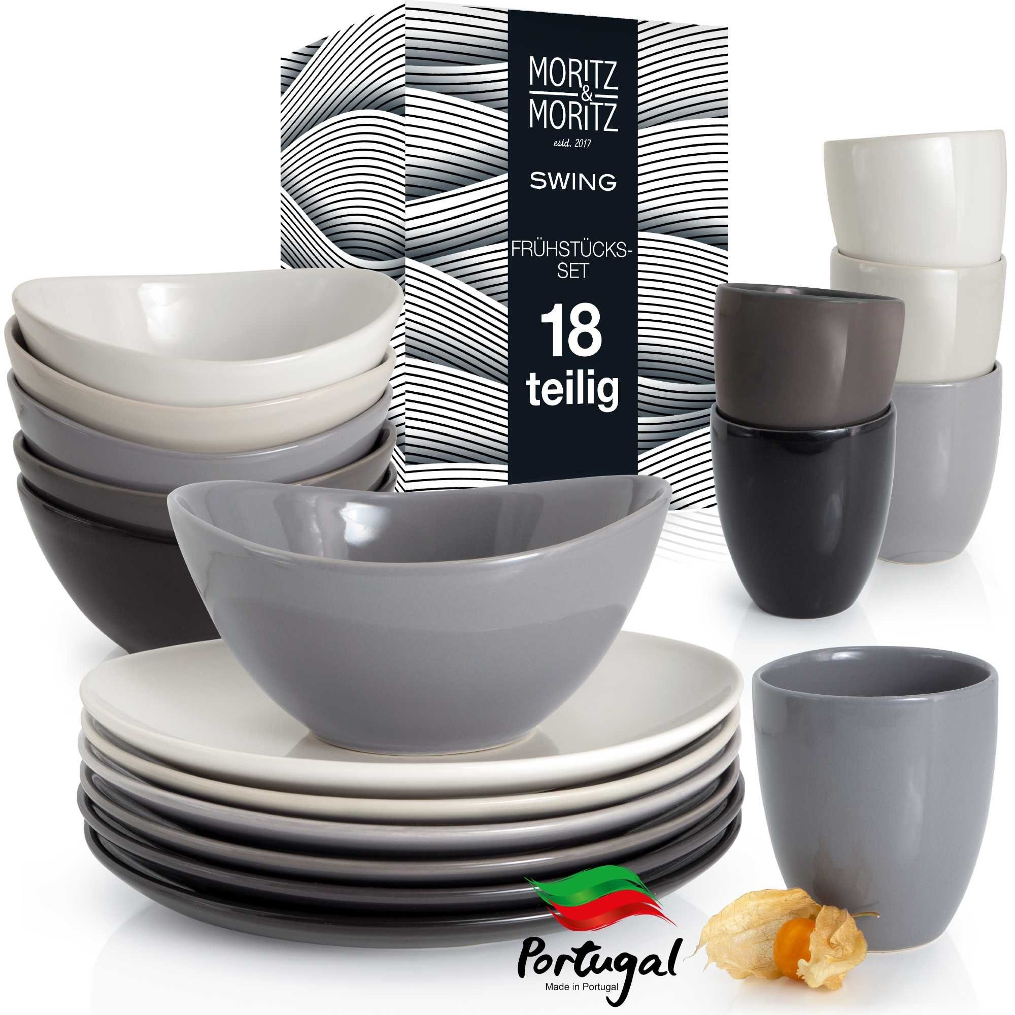 Moritz & Moritz Kombiservice Swing Frühstücks Set grau (18-tlg), Keramik, geeignet für Mikrowelle und Spülmaschine