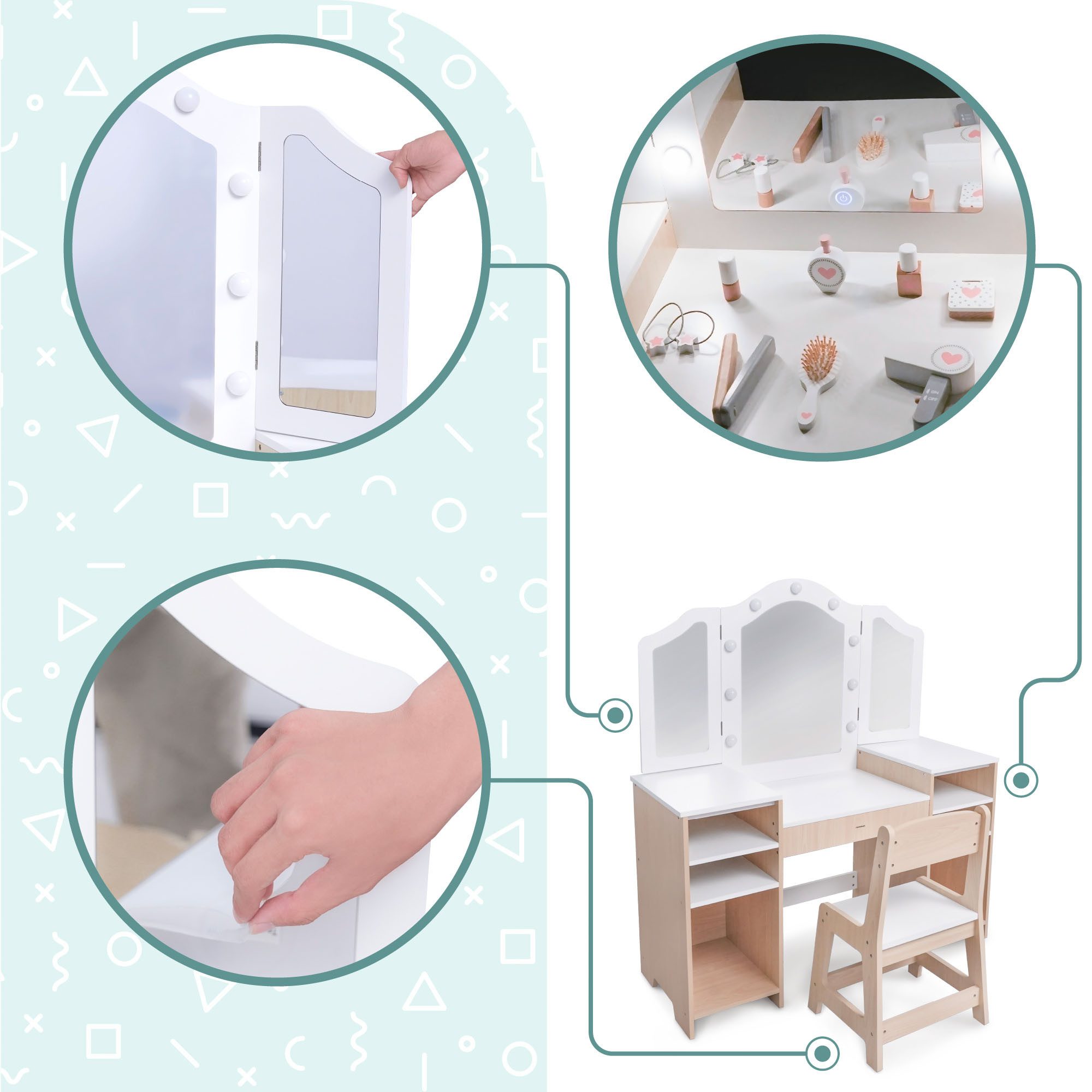 Mamabrum Schminktisch 2in1 Kinder-Schminktisch– LED-Licht, Spiegel & Stuhl, inkl. Zubehör – Bild 4 von 5