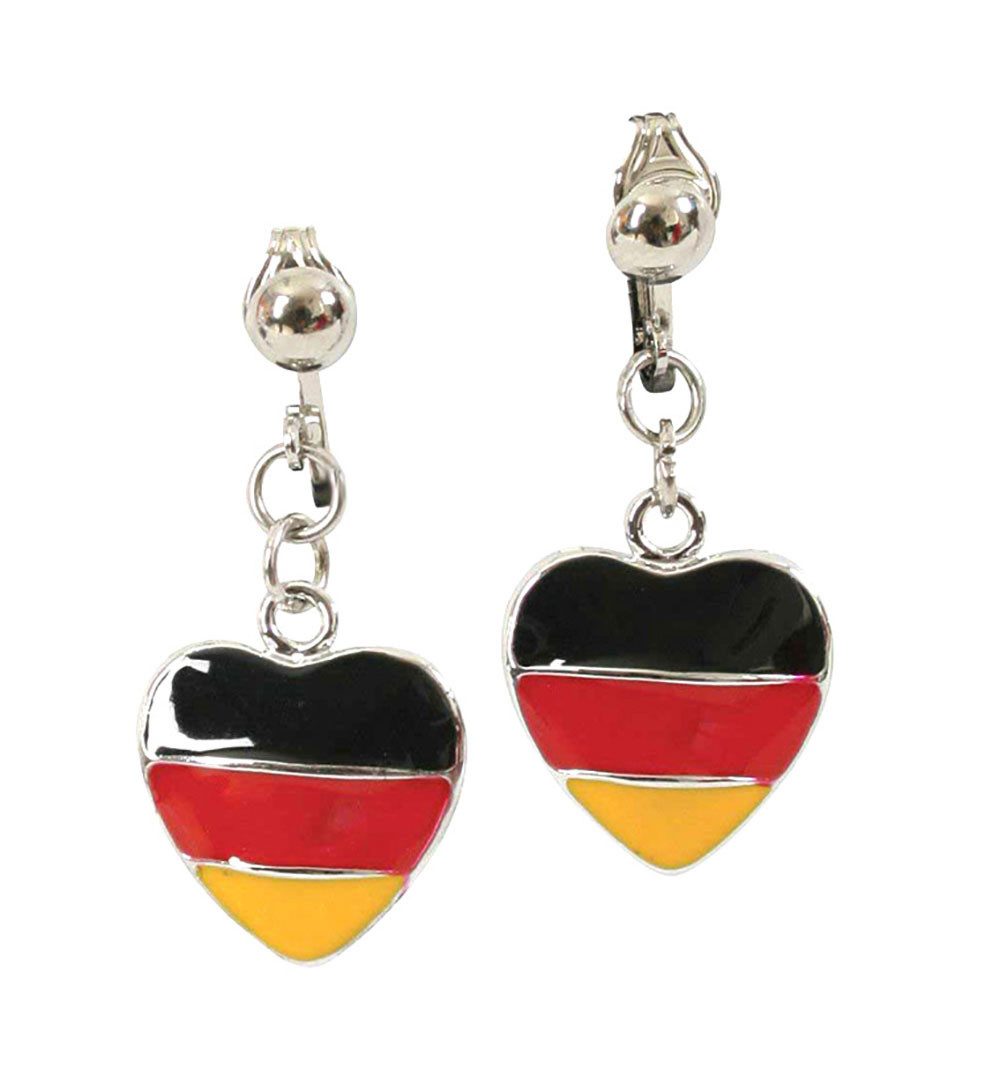Fries Paar Ohrclips Deutschland Metall Ohrclips Ohrringe Schwarz Rot Gold WM EM Fußball, Herz Format