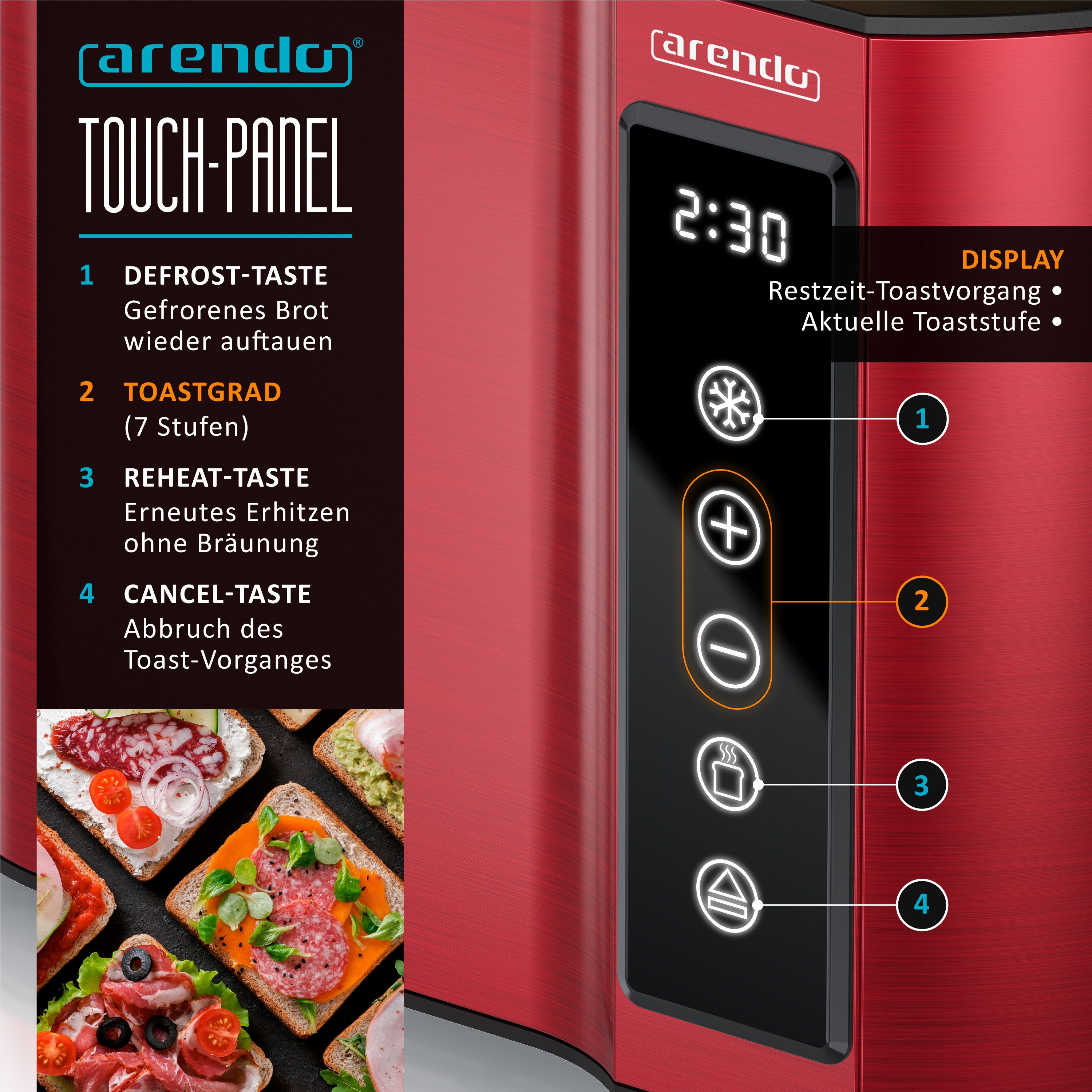 Arendo Toaster Wärmeisoliertes Doppelwandgehäuse, Display mit Restzeitanzeige, 2 kurze Schlitze, für 2 Scheiben, 800 W, Touchpanel, Brötchenaufsatz, 7 Bräunungs – Bild 4 von 5