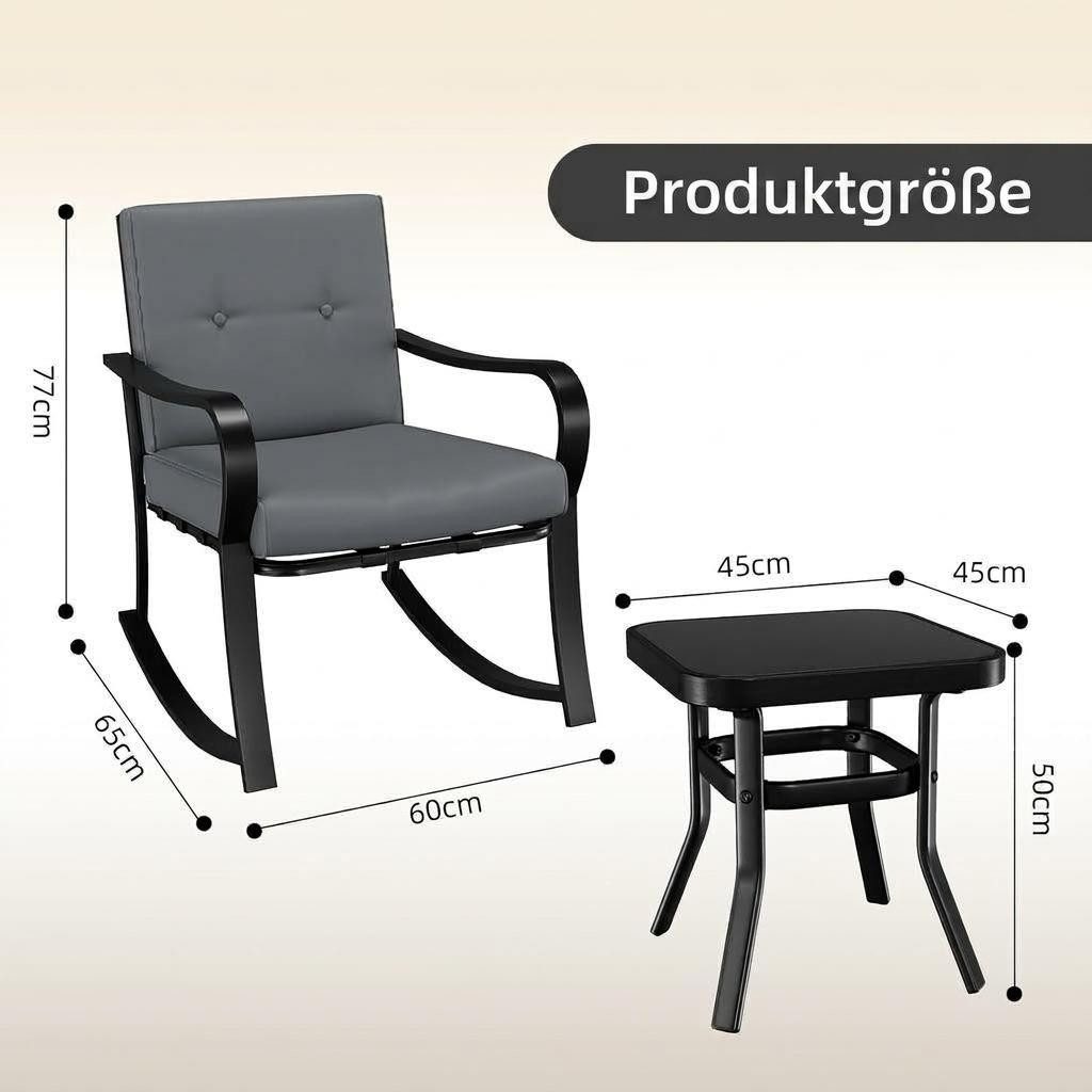 GarveeMore Gartenlounge-Set 2 Schaukelstühle mit warmgrauen Kissen & Glastisch, 3-teiliges Bistro-Set für den Außenbereich,Gartenmöbel-Set für Garten – Bild 2 von 5