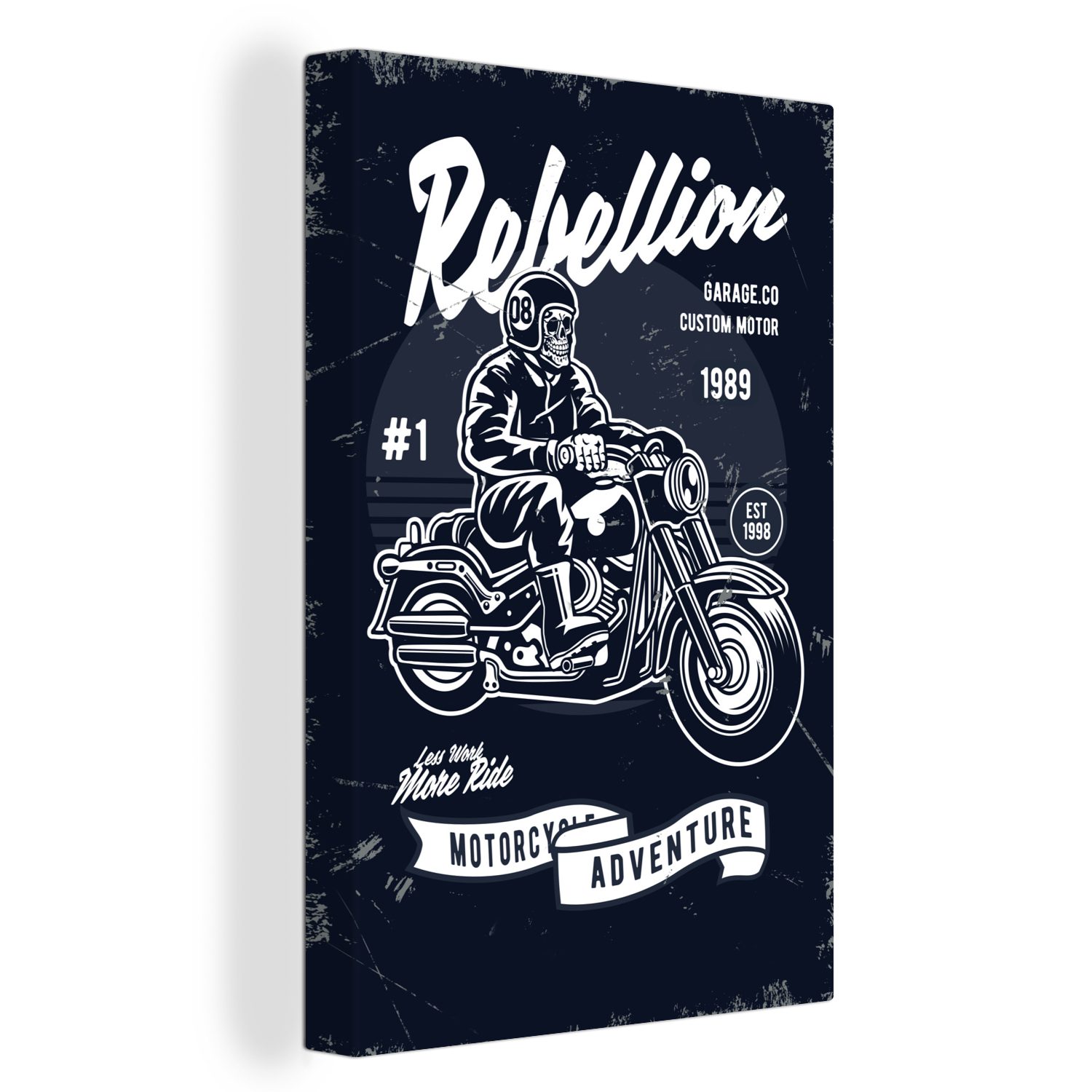 OneMillionCanvasses® Leinwandbild Motorrad - Skelett - Retro - Zitat, (1 St), Leinwandbild fertig bespannt inkl. Zackenaufhänger, Gemälde, 20x30 cm