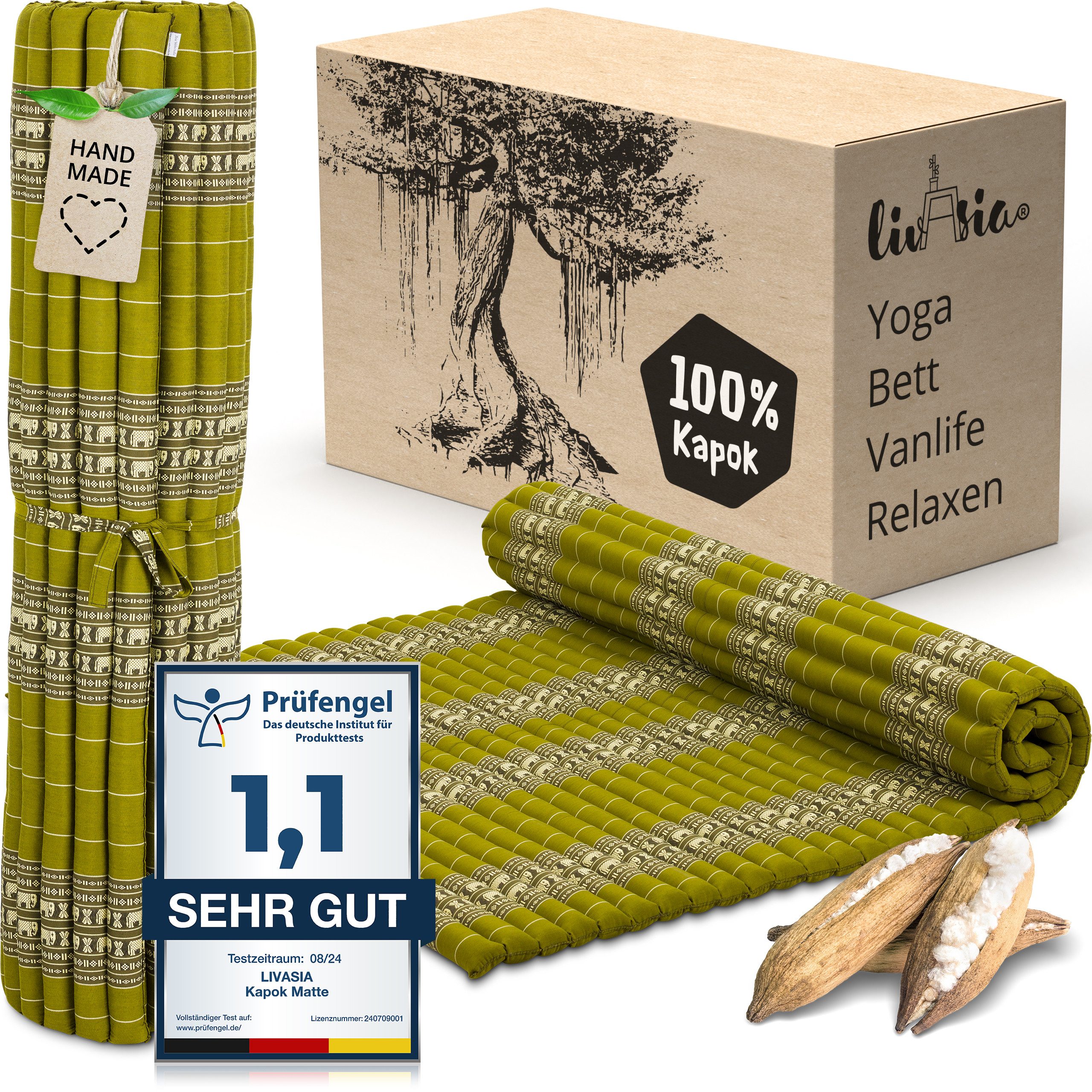 Reisebett-Matratzen Rollmatte 145 cm breit, vegan und handgefertigt, 200x145x4,5cm, livasia, 4.5 cm hoch, Kapok