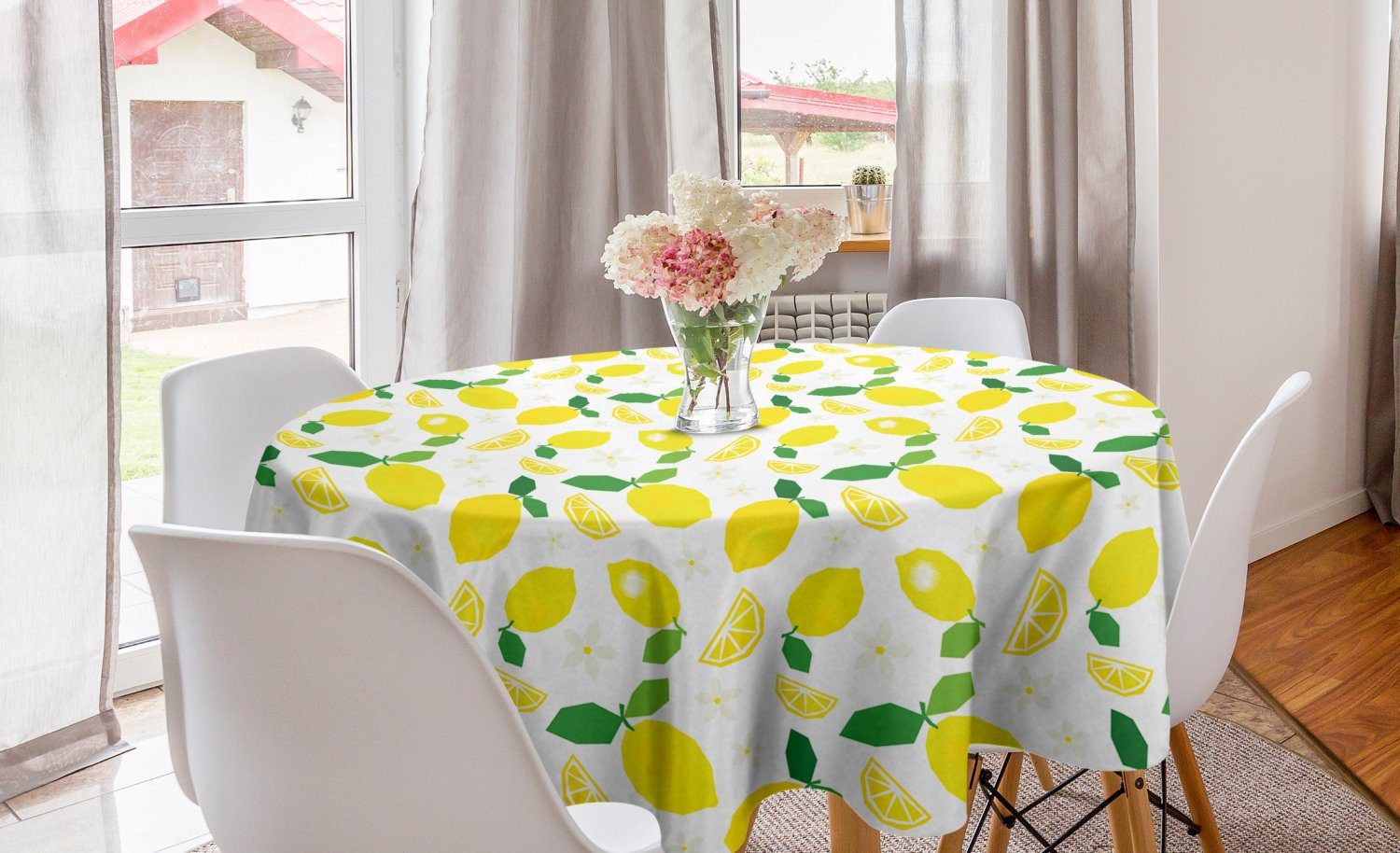 Abakuhaus Tischdecke Kreis Tischdecke Abdeckung für Esszimmer Küche Dekoration, Zitronen Citrus Blätter Blumen-Grafik