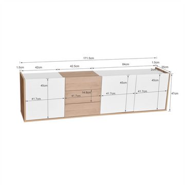 Merax TV-Schrank Landhaus mit 3 Schubladen und 3 Türen, Fernsehtisch Lowboard mit verstellbaren Einlegeböden, TV-Board freistehend/hängend