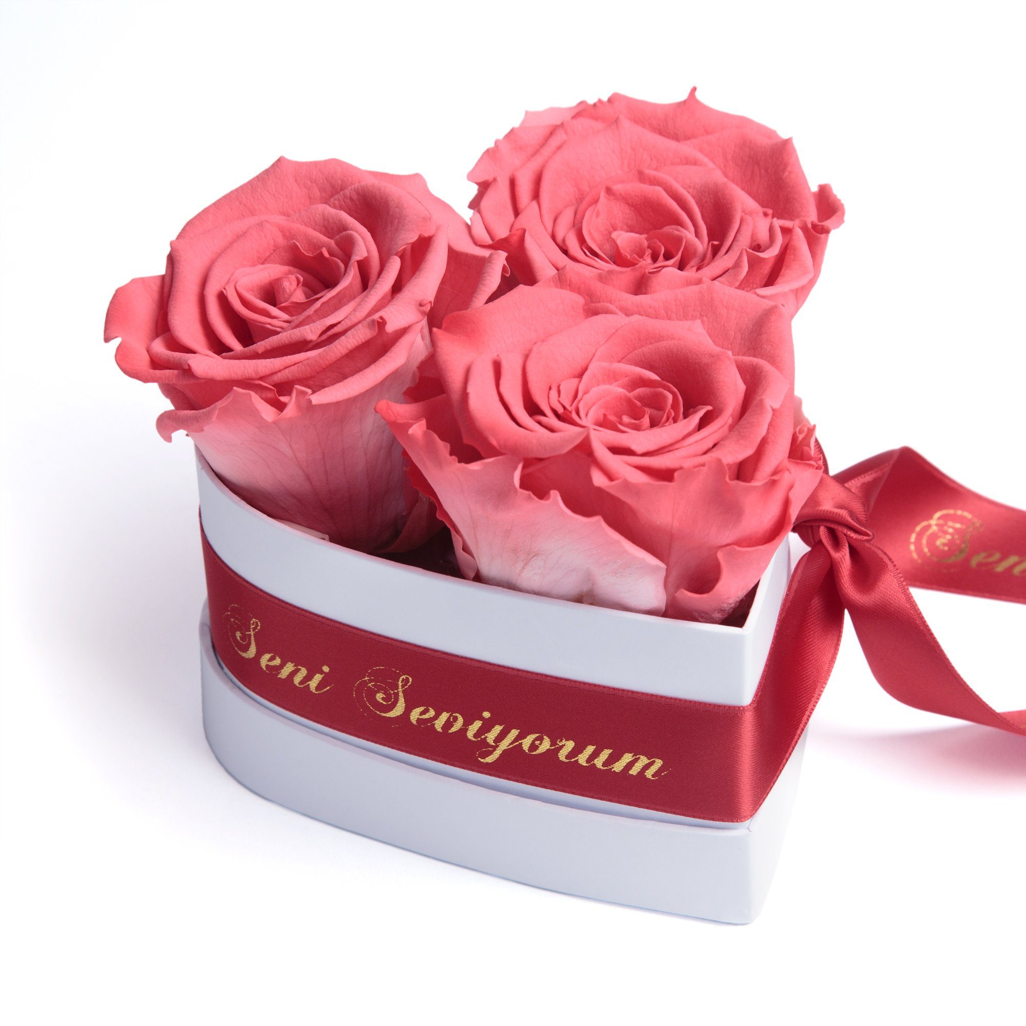 Kunstblume Seni Seviyorum Infinity Rosenbox Herz 3 echte Rosen konserviert Rose, ROSEMARIE SCHULZ Heidelberg, Höhe 10 cm, echte Rosen lang haltbar Korall