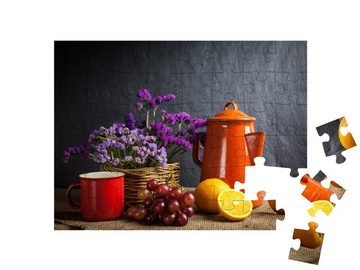 puzzleYOU Puzzle Stillleben mit frischem Obst, Blumen im Holzkorb, 48 Puzzleteile, puzzleYOU-Kollektionen Stillleben