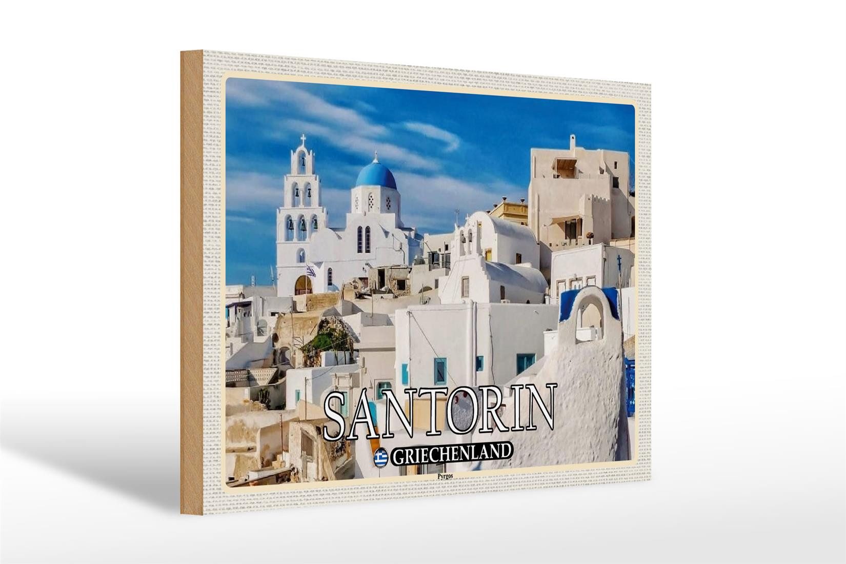 Holzbild Reise 30x20cm Santorin Griechenland Pyrgos Dorf