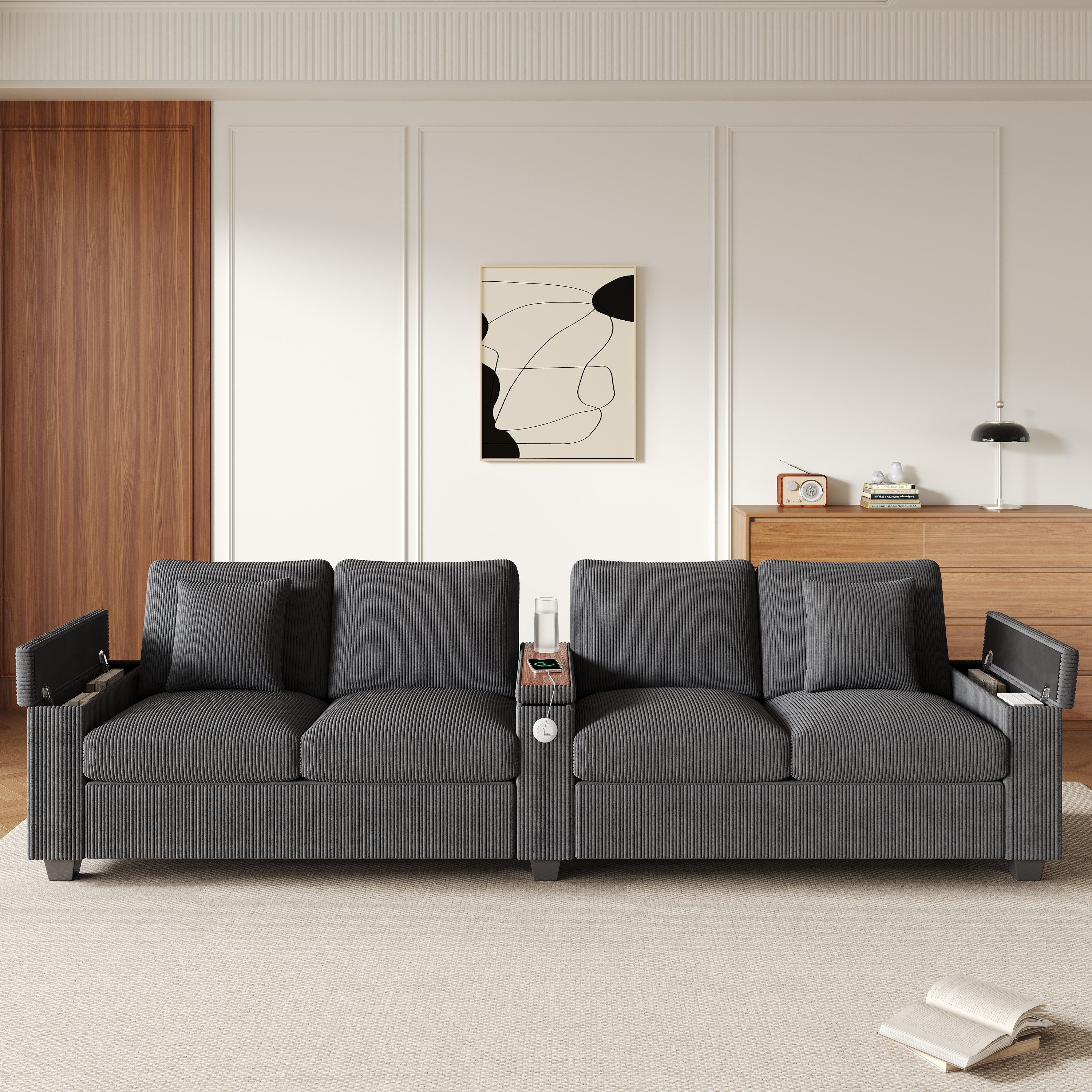 OKWISH Sofa 299x80x82,7 cm 4-Sitzer Cord Sofa mit USB/USB-C Ladefunktion, Bequemes Sofa für Wohnzimmer, Büro & Zuhause 1 Teile, Klappbare Mittelarmlehne & versteckter Stauraum in Grau
