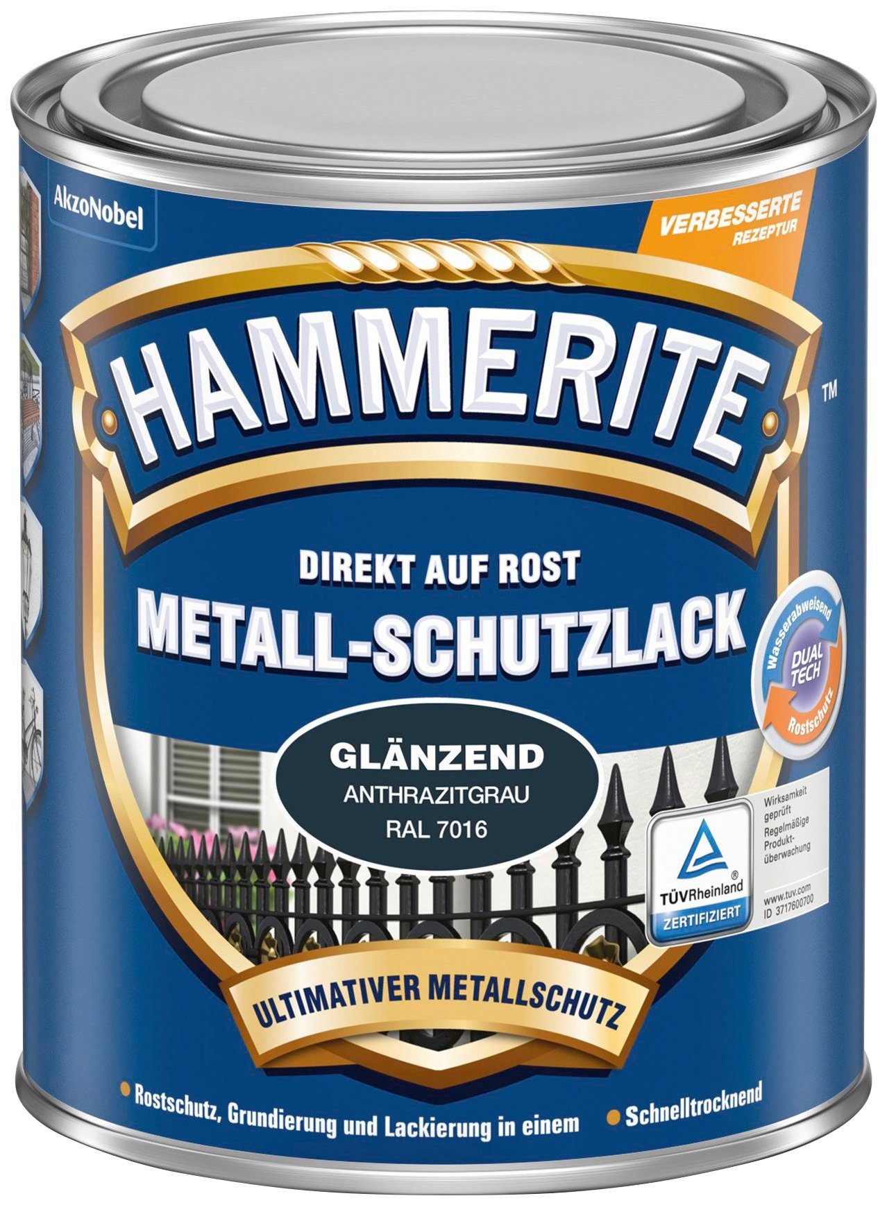 Hammerite  Metallschutzlack DIREKT AUF ROST, Liter, 0,25 glänzend grau