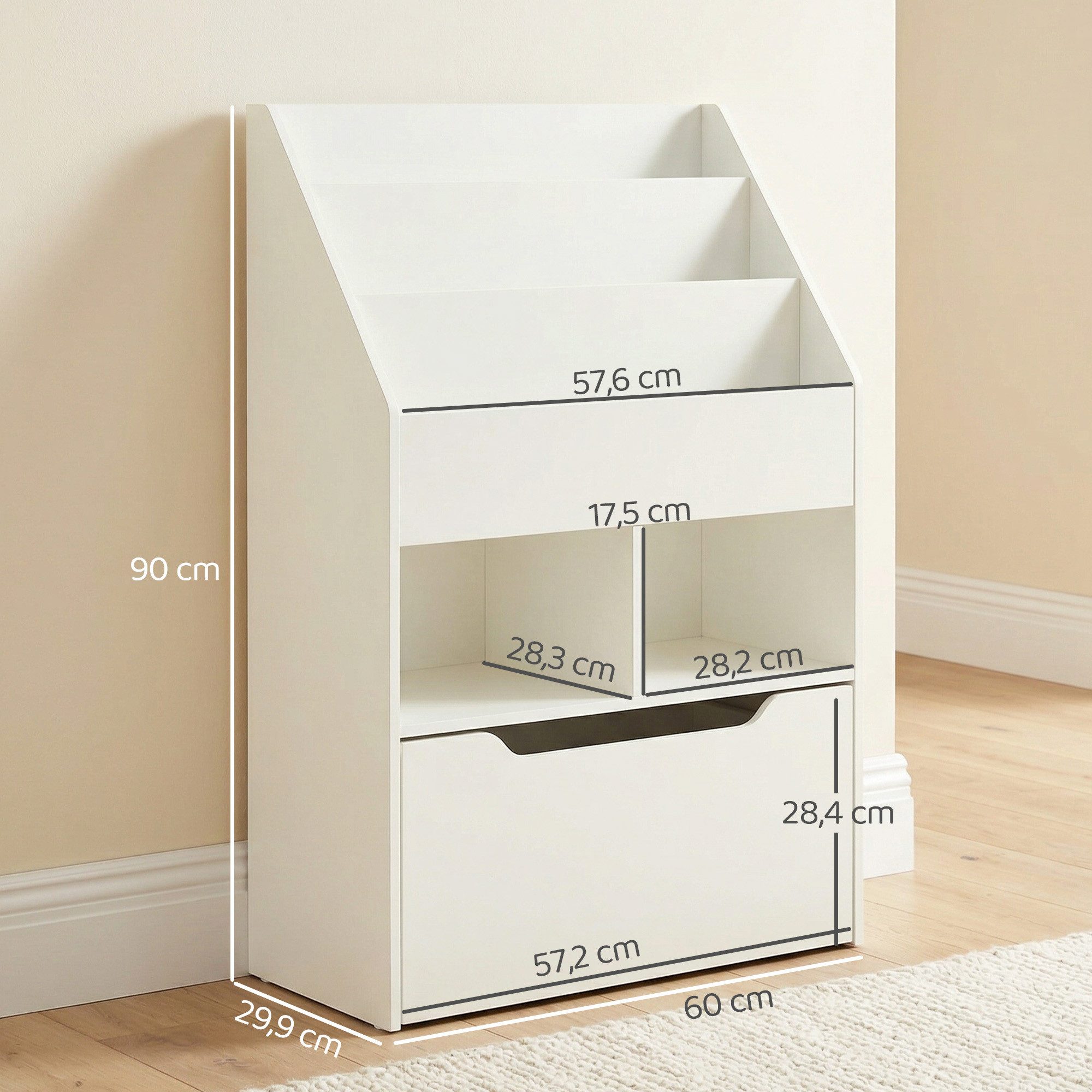 HOMCOM Kinderregal Kinder Bücherregal mit Schublade, 3 Ablagefächern, Aufbewahrungsregal 1-tlg., für Kinderzimmer, Spielzimmer, Weiß, 60 x 29,9 x 90 cm – Bild 3 von 5