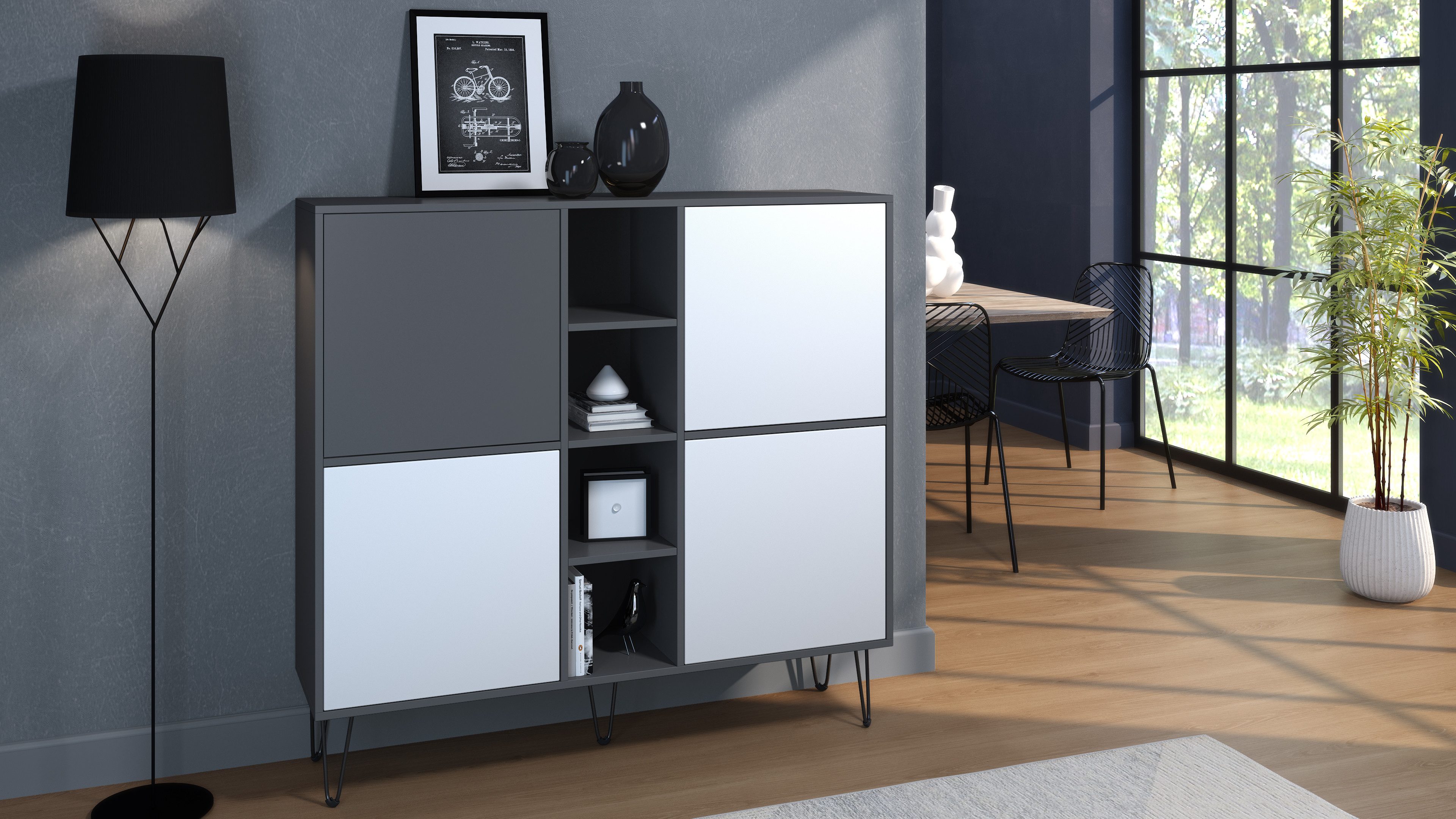 Vladon Highboard Havana V3 (Sideboard mit 4 Türen und 4 offene Fächer, Kommode Made in Germany), Anthrazit matt / Weiß matt (130,5 x 124 x 35 cm)