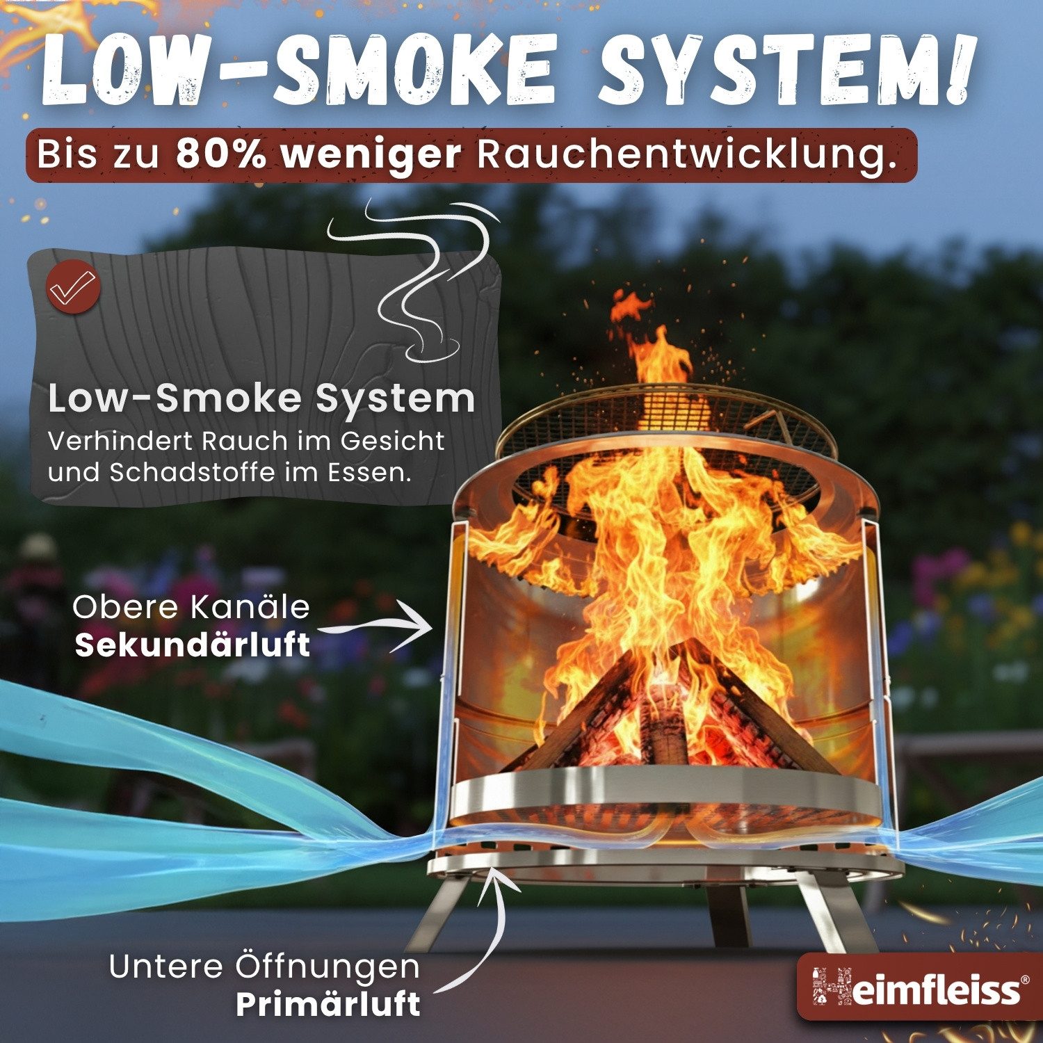 Heimfleiss® Feuerschale Rauchfreie Feuerschale mit Grillrost aus Edelstahl, Schwarz: Low-Smoke Feuerstelle Ø50cm mit Grillzubehör
