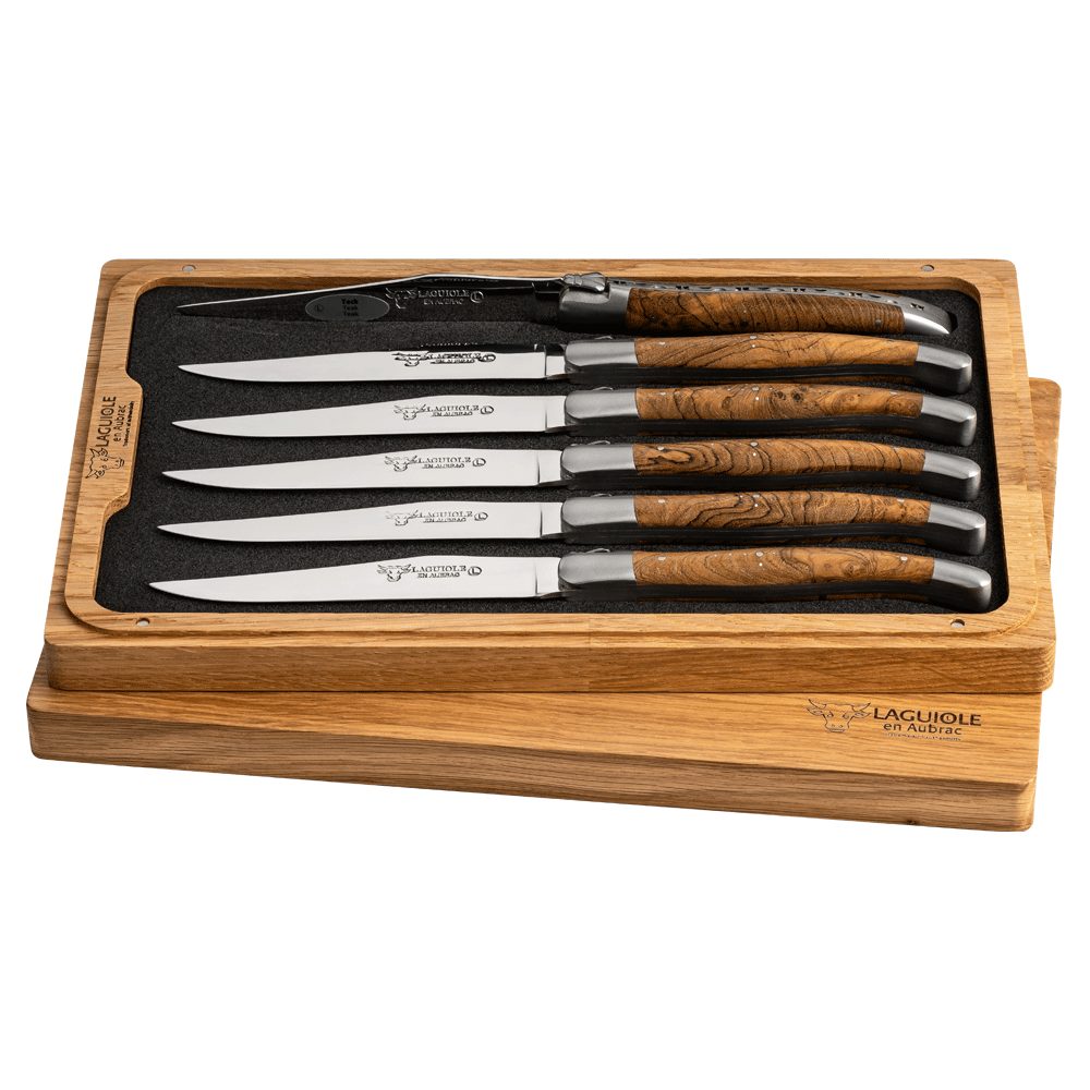 Laguiole en Aubrac Steakmesser 6 Steak Messer Teak (6 Stück), original mit Zertifikat und Holzbox, Handarbeit