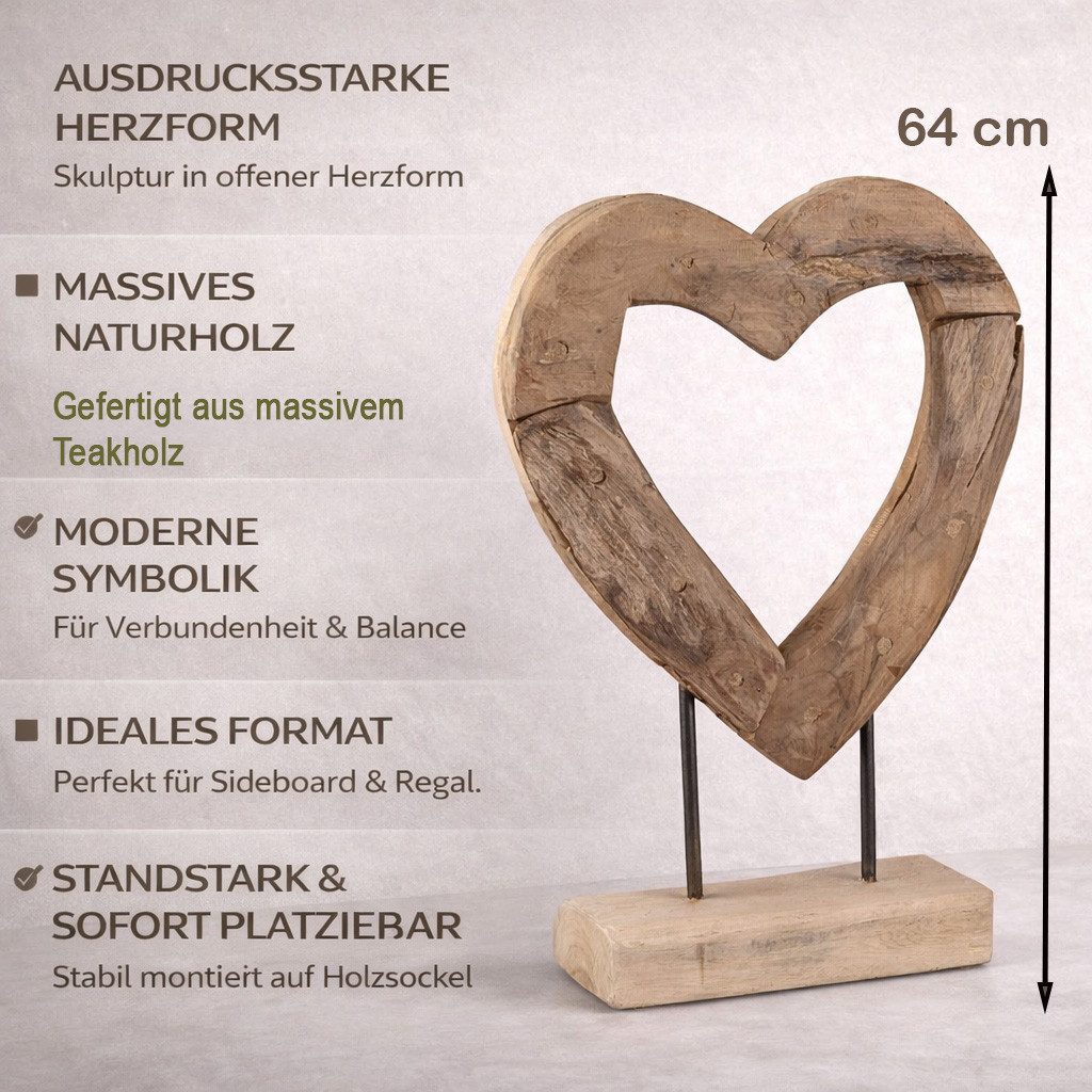 formano Skulptur Herz Holz Skulptur aus massivem Teakholz 64 cm auf Standfuß