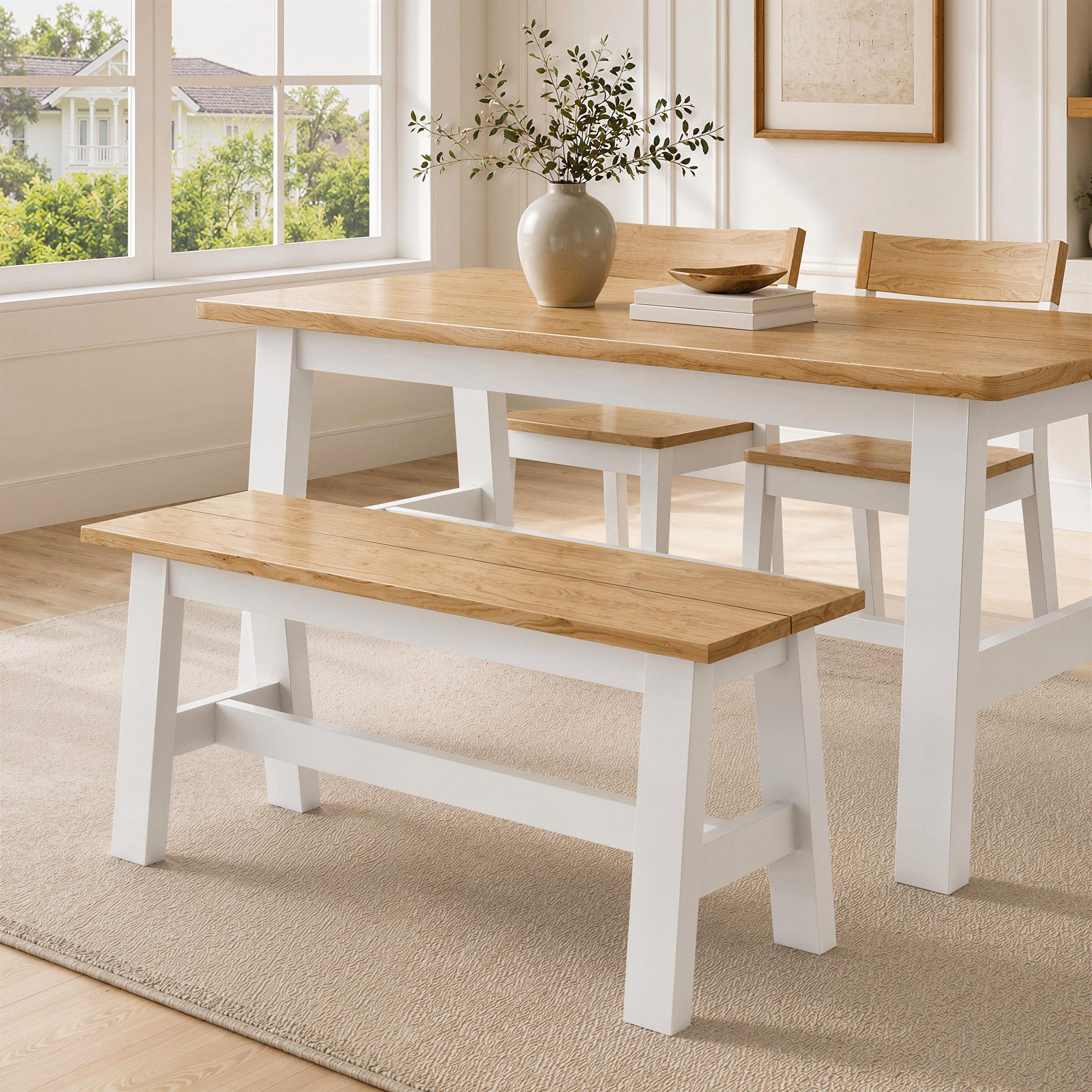 furnicato Polsterbank Sitzbank Massivholz 95x30x45 cm Eiche-Weiß (1-St), Stabile Küchenbank mit Querstange für dein Esszimmer in Weiß