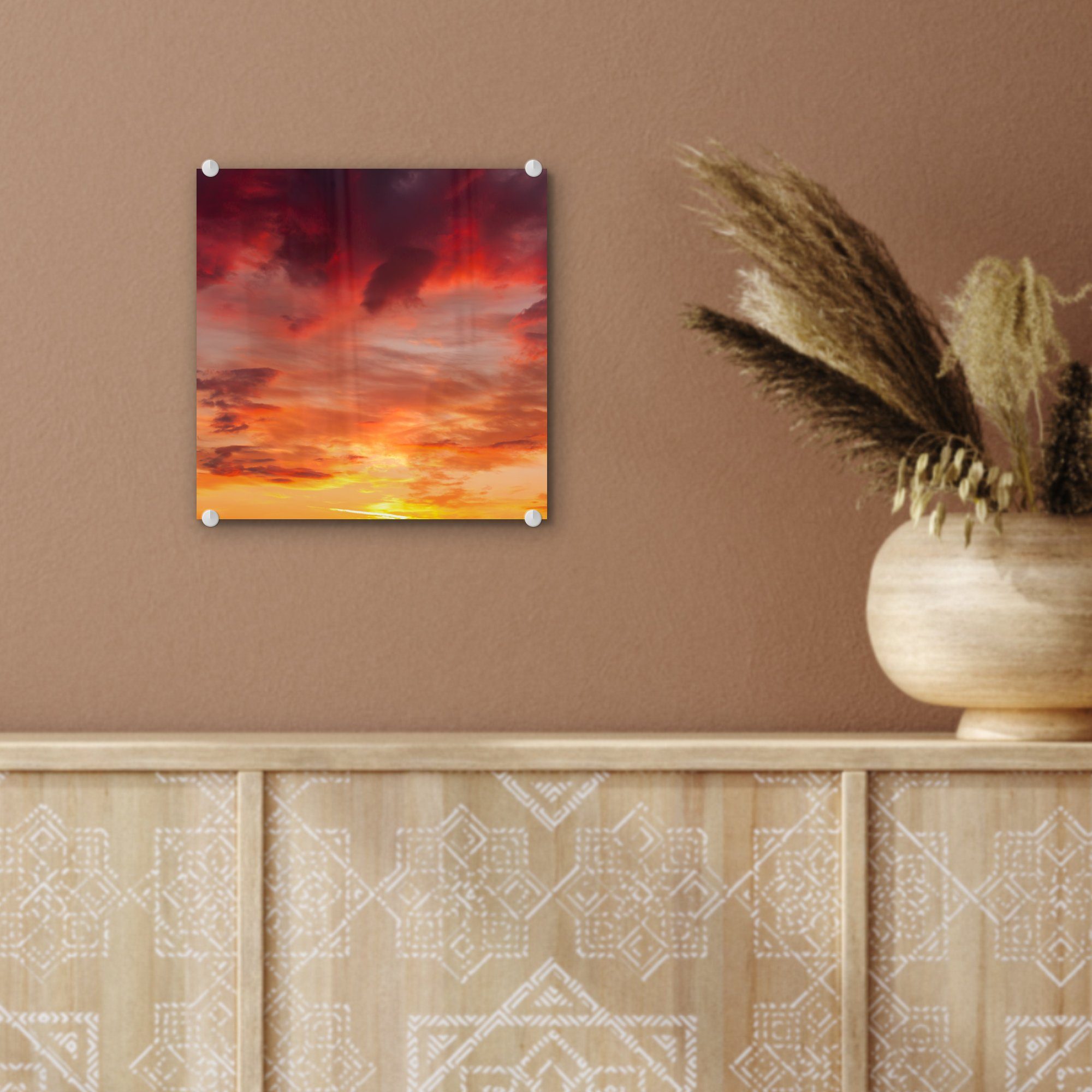 MuchoWow Acrylglasbild Wanddekoration Sonne auf - Glasbilder St), - Wolken - Bilder Wandbild Glas Glas - Foto Rot, auf (1 