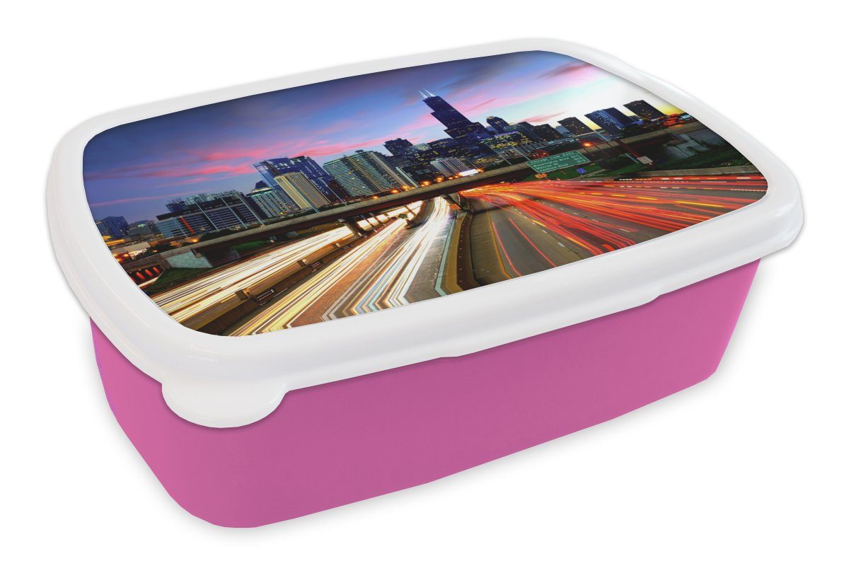 MuchoWow Lunchbox Stadt - Verkehr - USA, Kunststoff, (2-tlg), Brotbox für Erwachsene, Brotdose Kinder, Snackbox, Mädchen, Kunststoff rosa