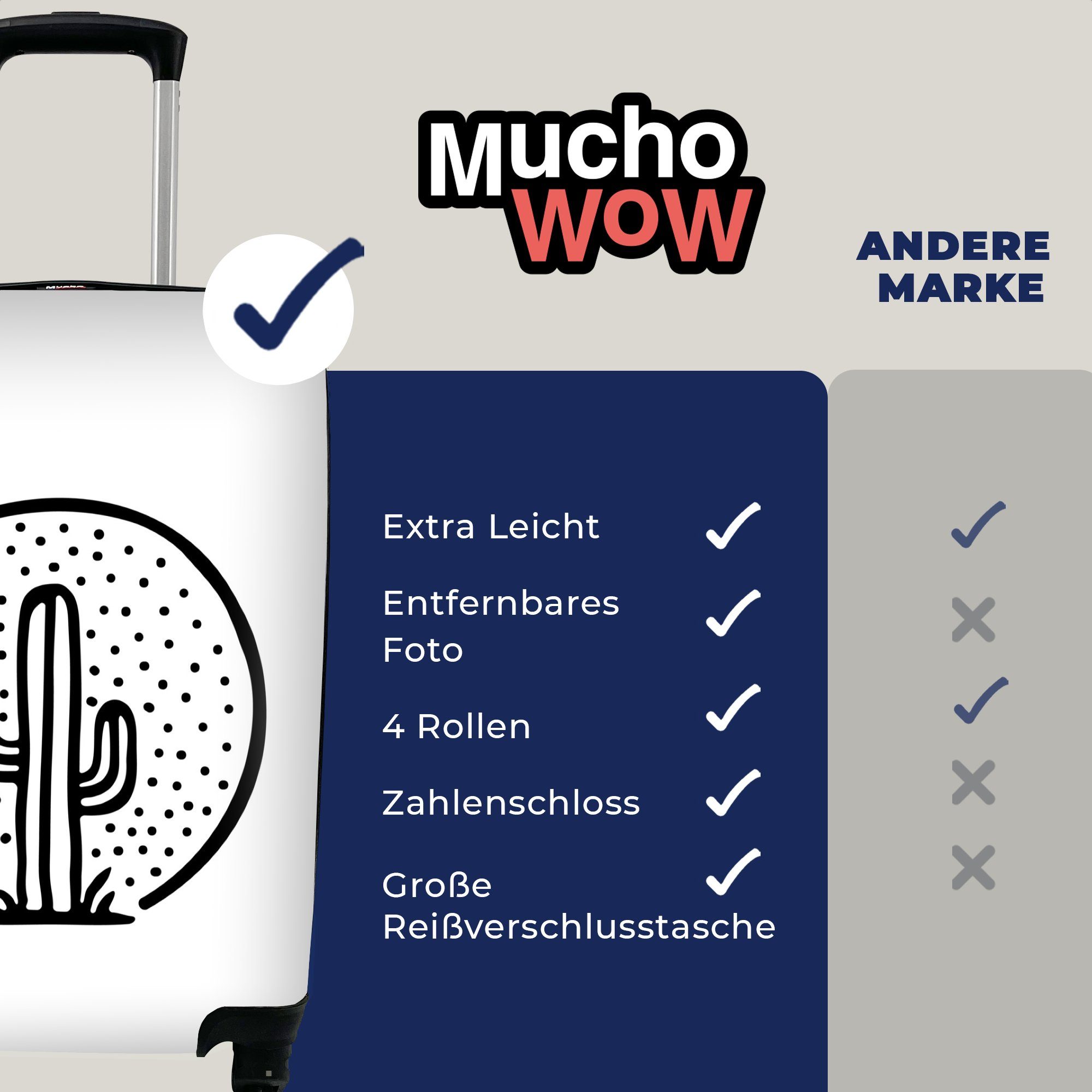 MuchoWow Handgepäckkoffer Schwarz-weiße Illustration eines rollen, mit 4 Ferien, Trolley, Rollen, Reisetasche Reisekoffer Kaktus, für Handgepäck