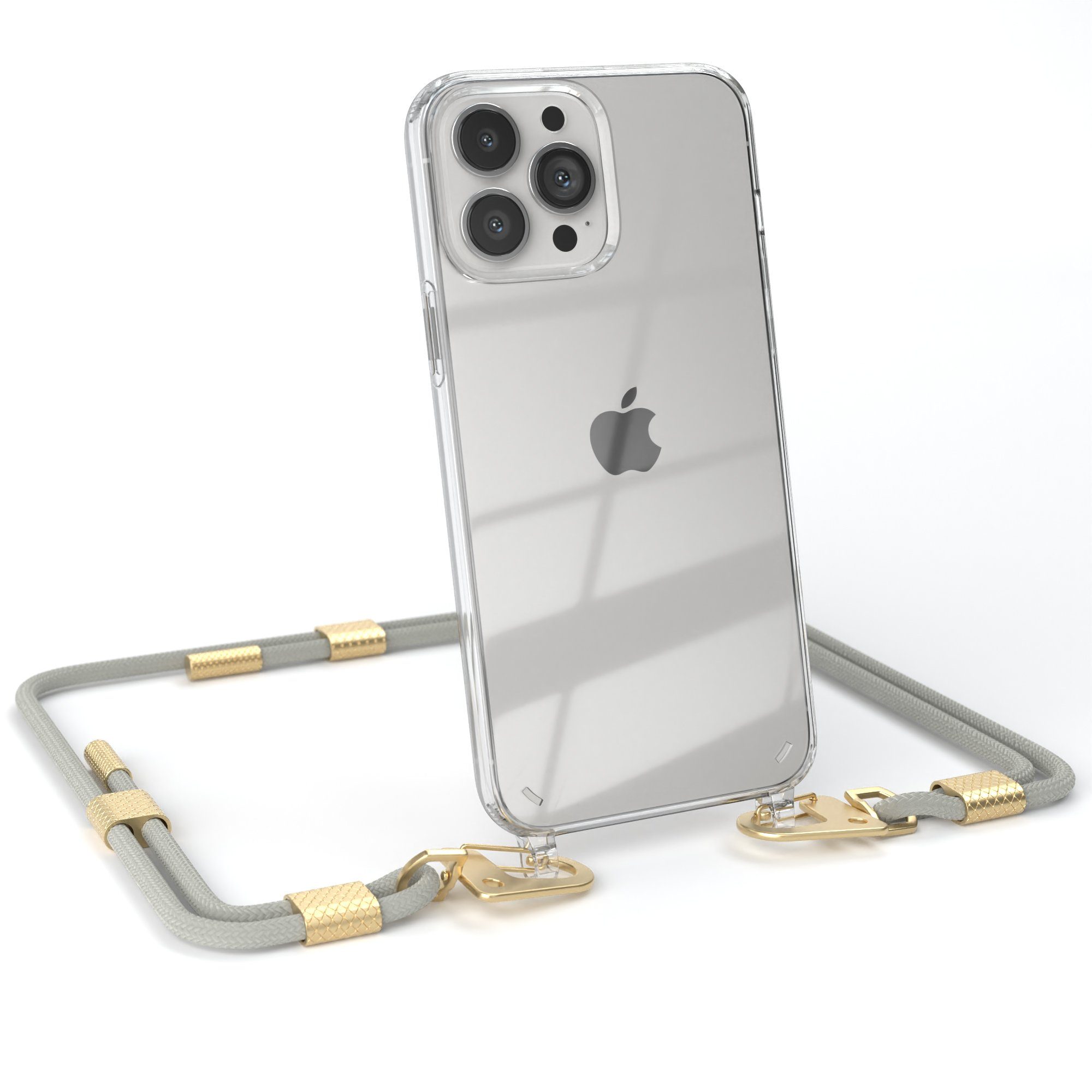 EAZY CASE Handykette Silikonhülle mit Kette für Apple iPhone 13 Pro Max 6,7 Zoll, Schutzhülle zum Umhängen Handyhülle mit Umhängeband Schwarz Grau Taupe