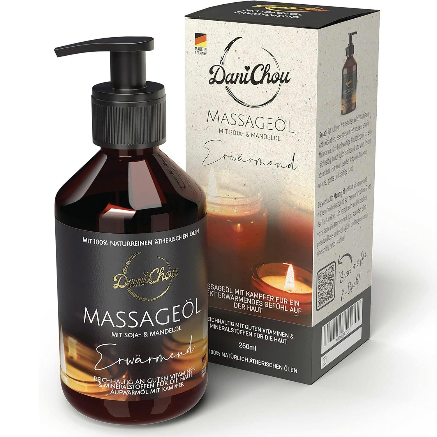 DaniChou Massageöl Erwärmend 250 ml – Made in Germany, Mit Sojaöl, Mandelöl & Kampfer – Direkt wärmendes, entspannendes Gefühl – 100%, Naturkosmetik & ätherische Öle für intensive Entspannung
