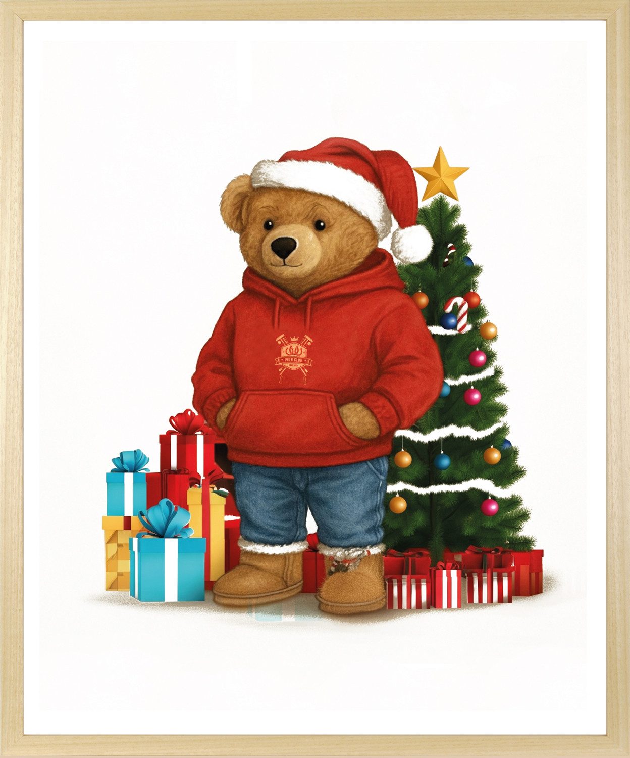 queence Bild mit Rahmen Teddy Bär mit Weihnachtsmütze vor Tannenbaum, Bär, Bären, Fashion, Figuren, Mode, Modebilder, HD Premium Poster-Druck inkl. Echtholzrahmen in beige